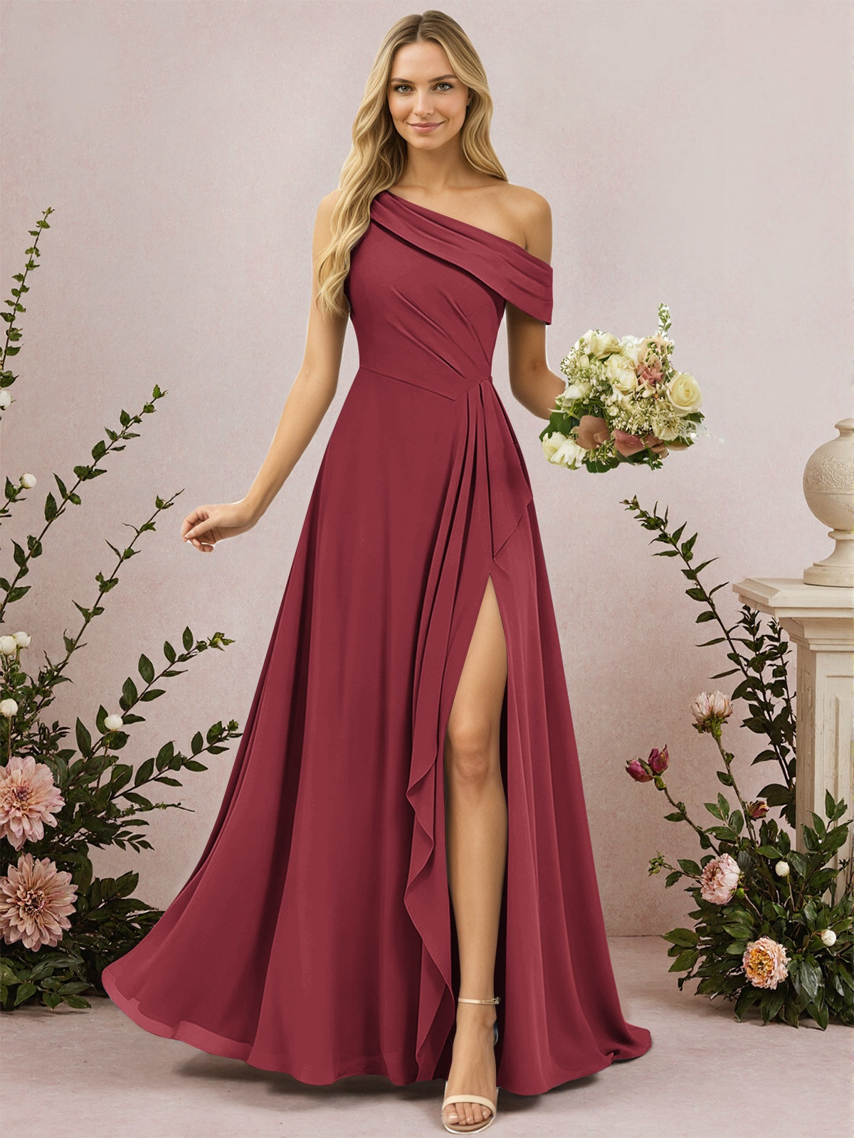One Shoulder A-Line Chiffon Bridesmaid Dress with Slit