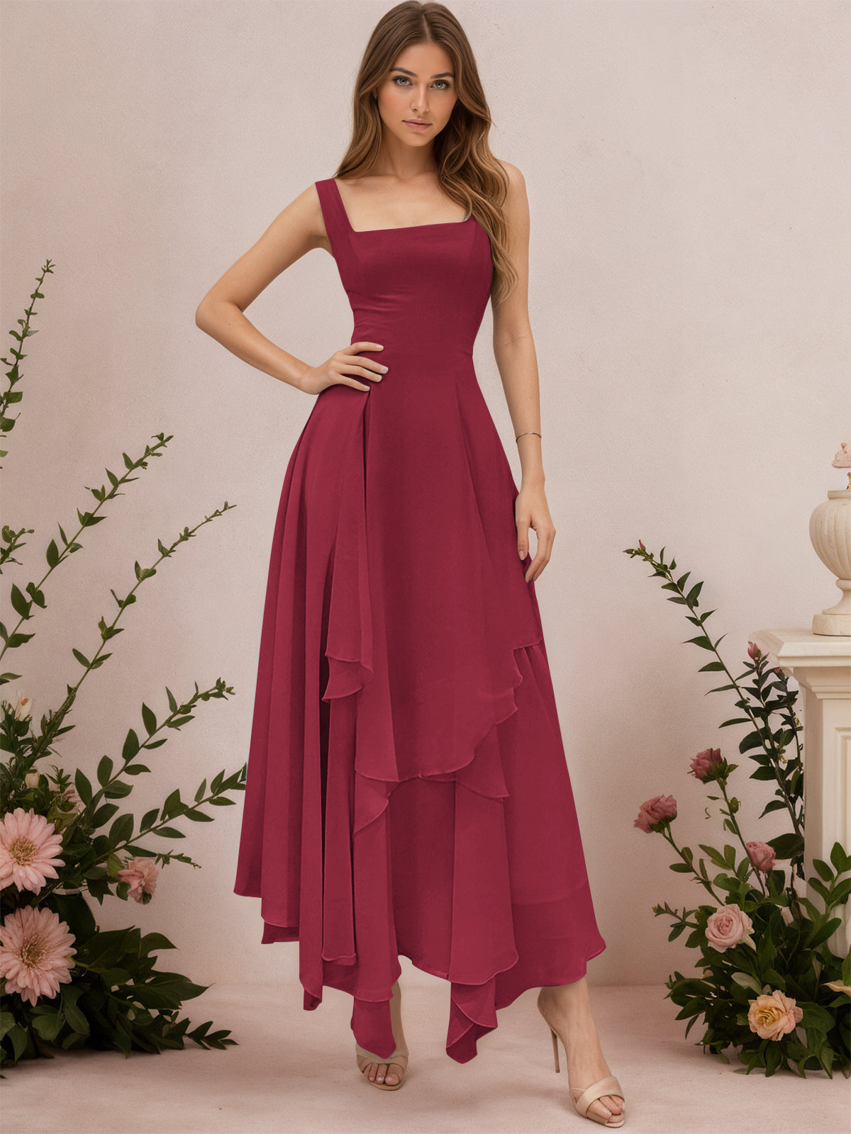 A-Line Tiered Ruffles Chiffon Bridesmaid Dress