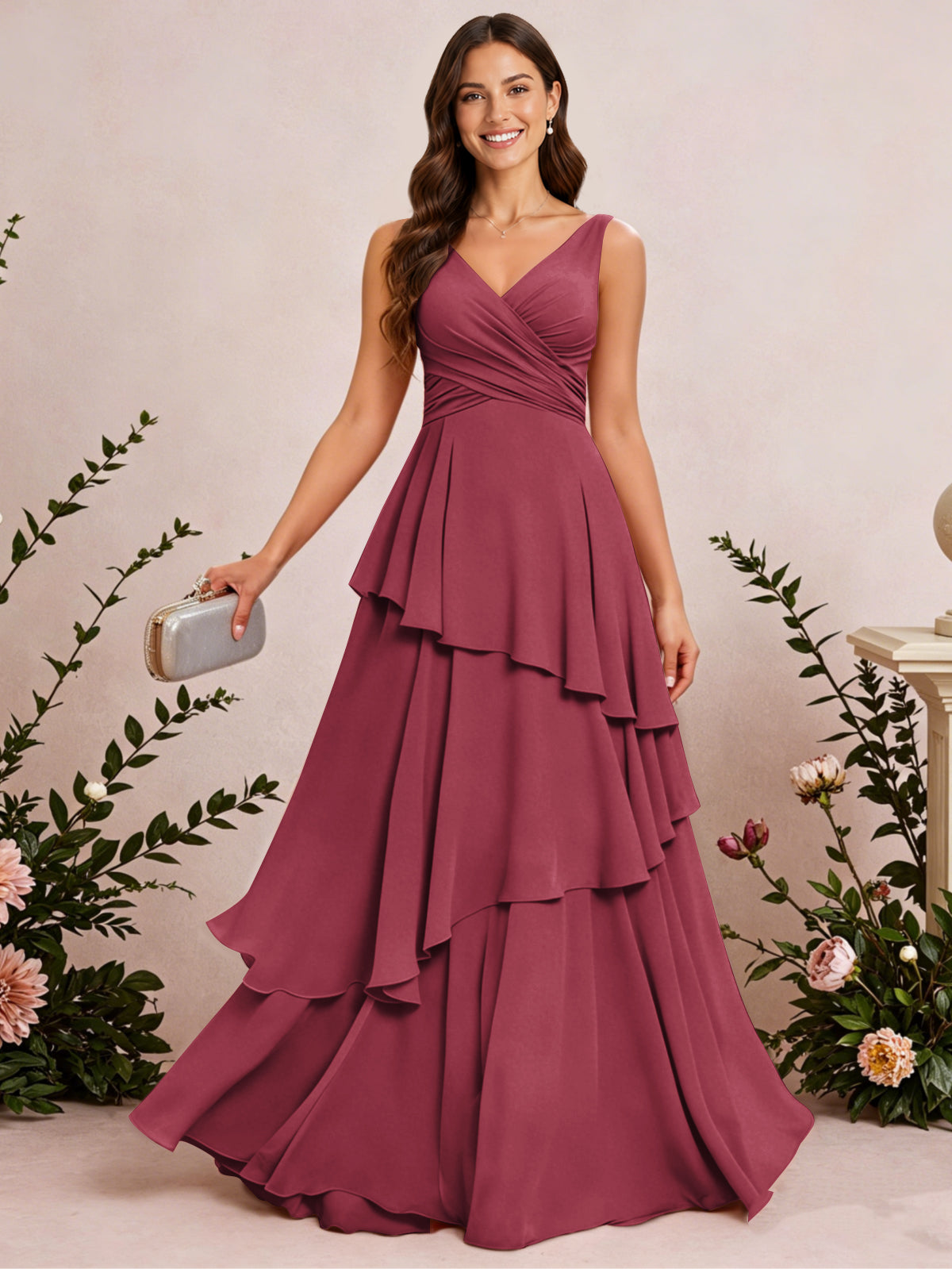 V Neck Tiered Ruffles Chiffon Long Bridesmaid Dress