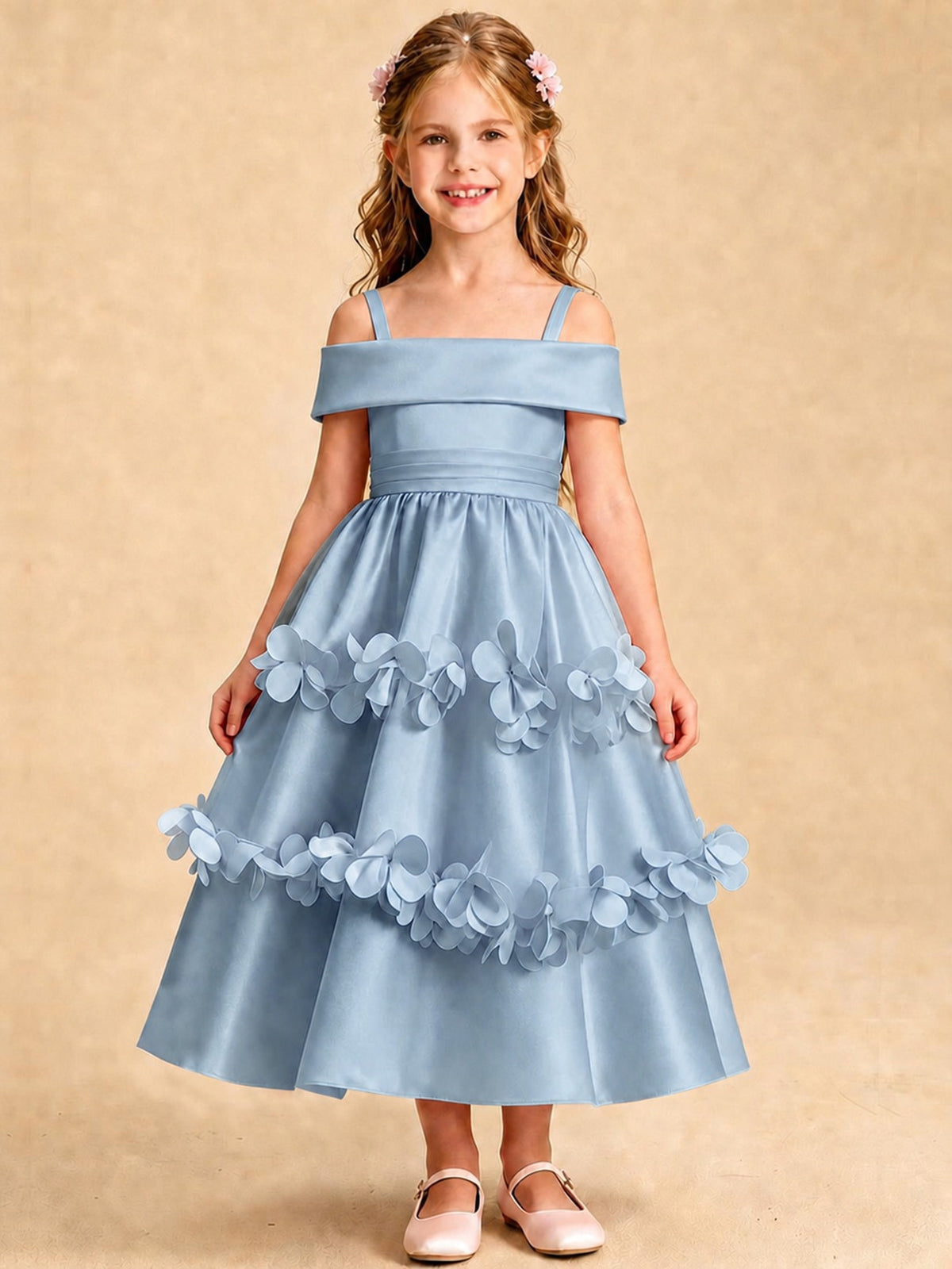 Blush Pink 3D Floral Satin Off Shoulder Flower Girl Dress