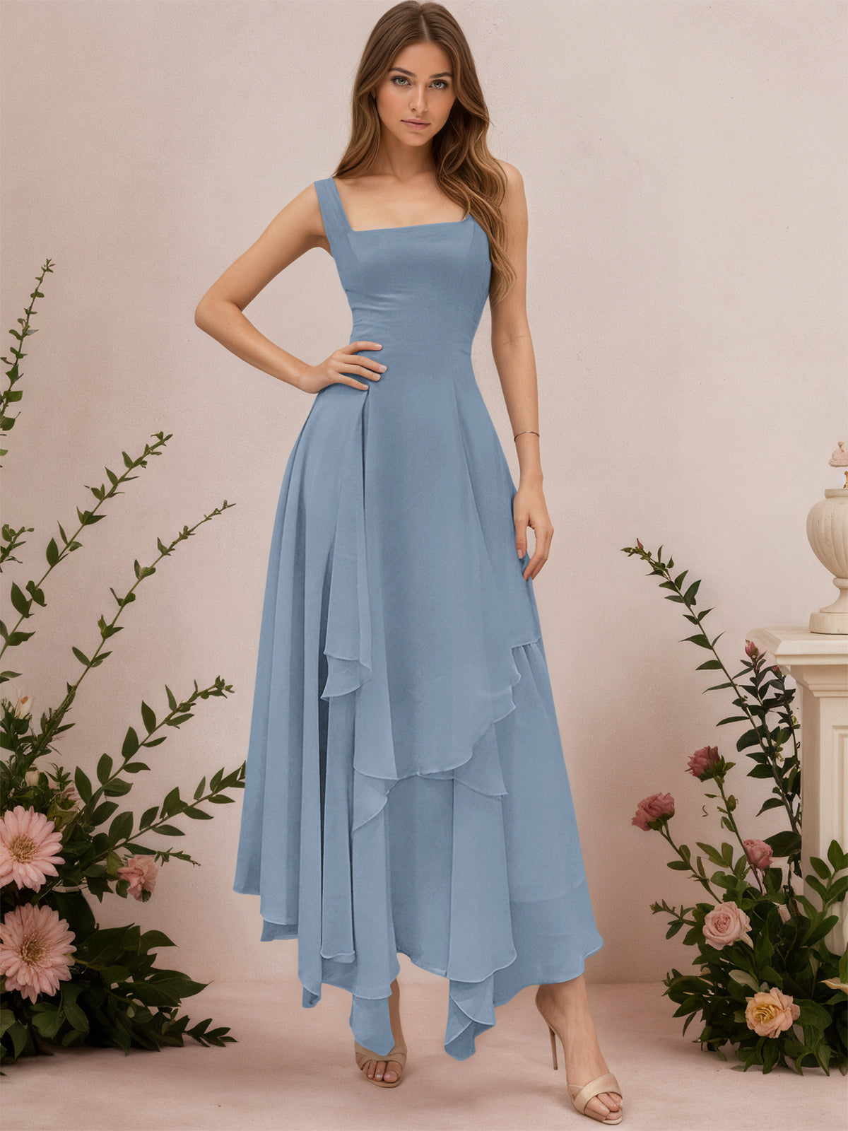 A-Line Tiered Ruffles Chiffon Bridesmaid Dress