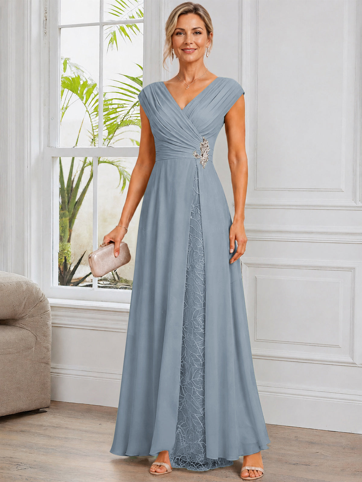 Cap Sleeve Leaf Lace Chiffon Long Mother of The Bride Dress with Beads