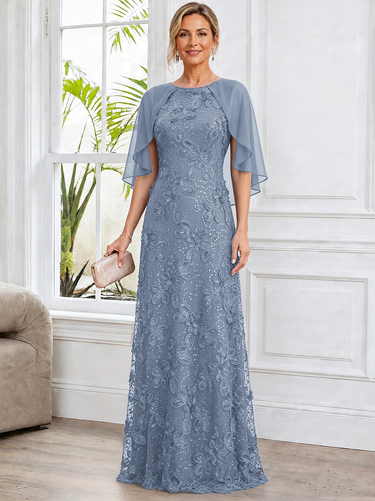 A-Line Lace Applique Scoop Neck Mother of The Bride Dress with Cape