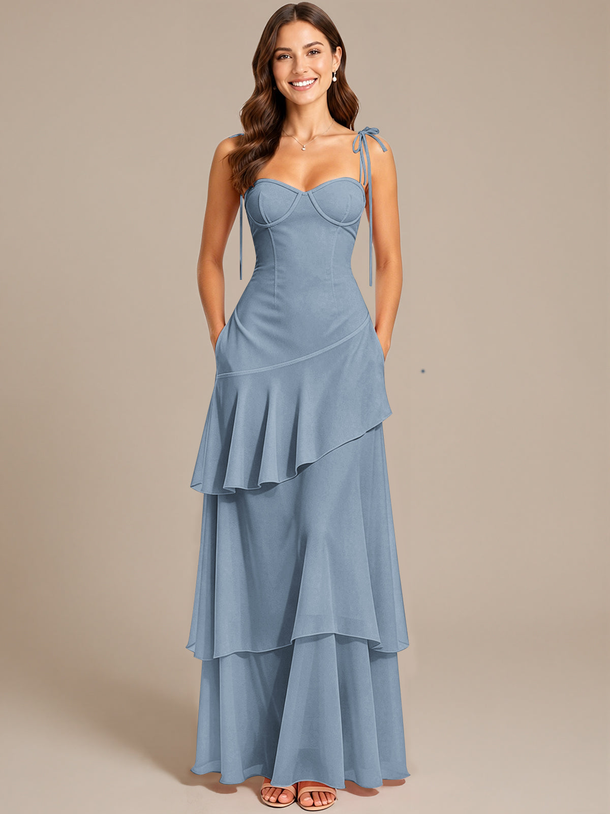 Spaghetti Strap Tiered Ruffles Chiffon Prom Dress