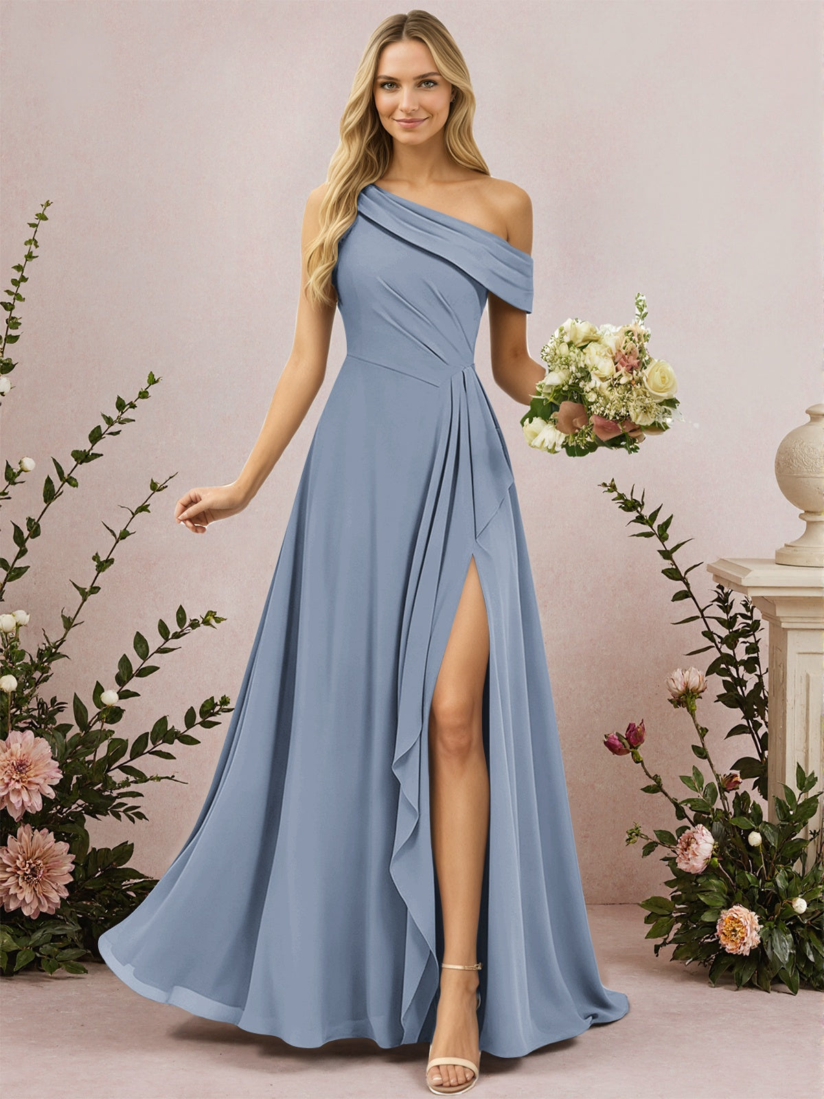 One Shoulder A-Line Chiffon Bridesmaid Dress with Slit