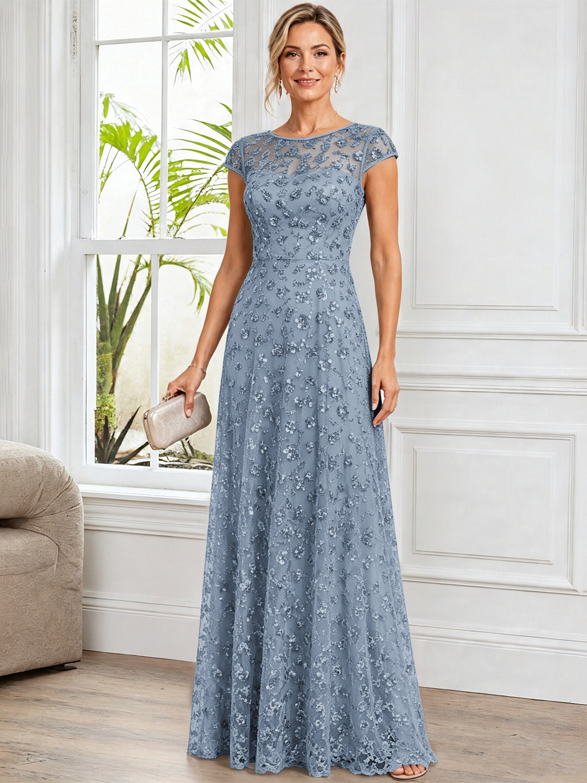 A-Line Illusion Scoop Neck Tulle Mother of The Bride Dress with Beads