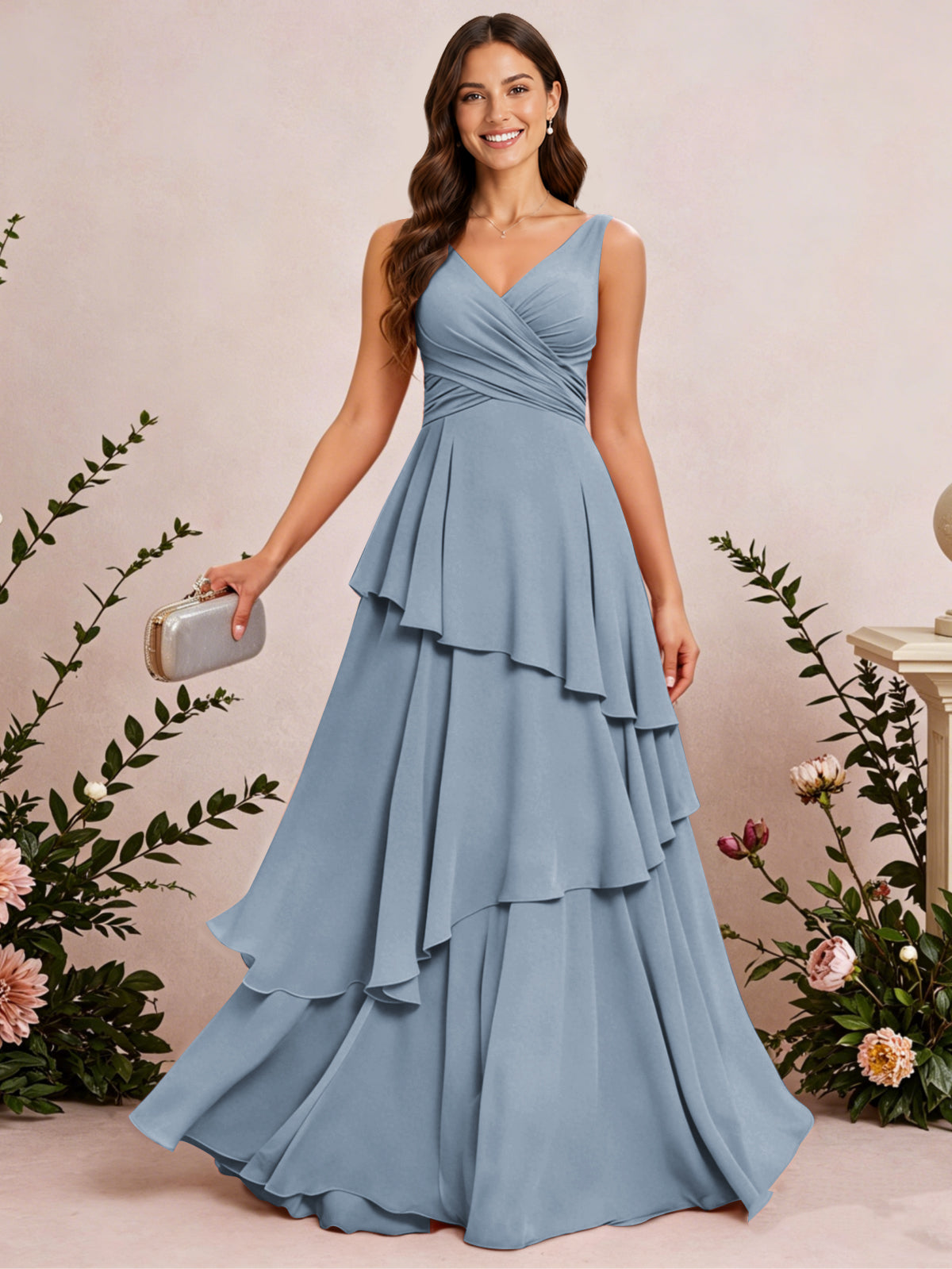 V Neck Tiered Ruffles Chiffon Long Bridesmaid Dress