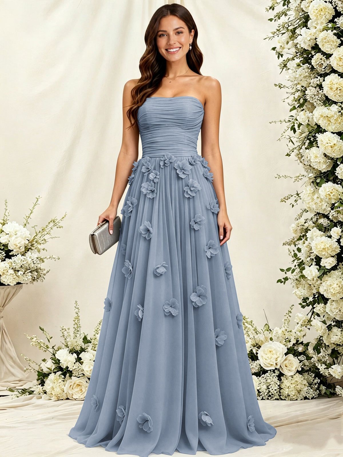 A-Line Strapless Pleated Tulle Bridesmaid Dress with 3D Floral Appliques