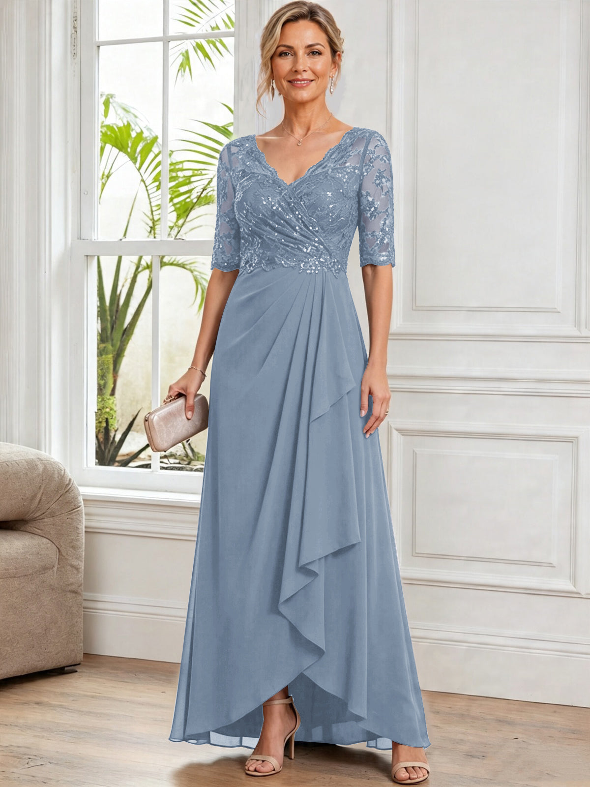 V Neck Half Sleeve Lace Applique Chiffon Mother of The Bride Dress