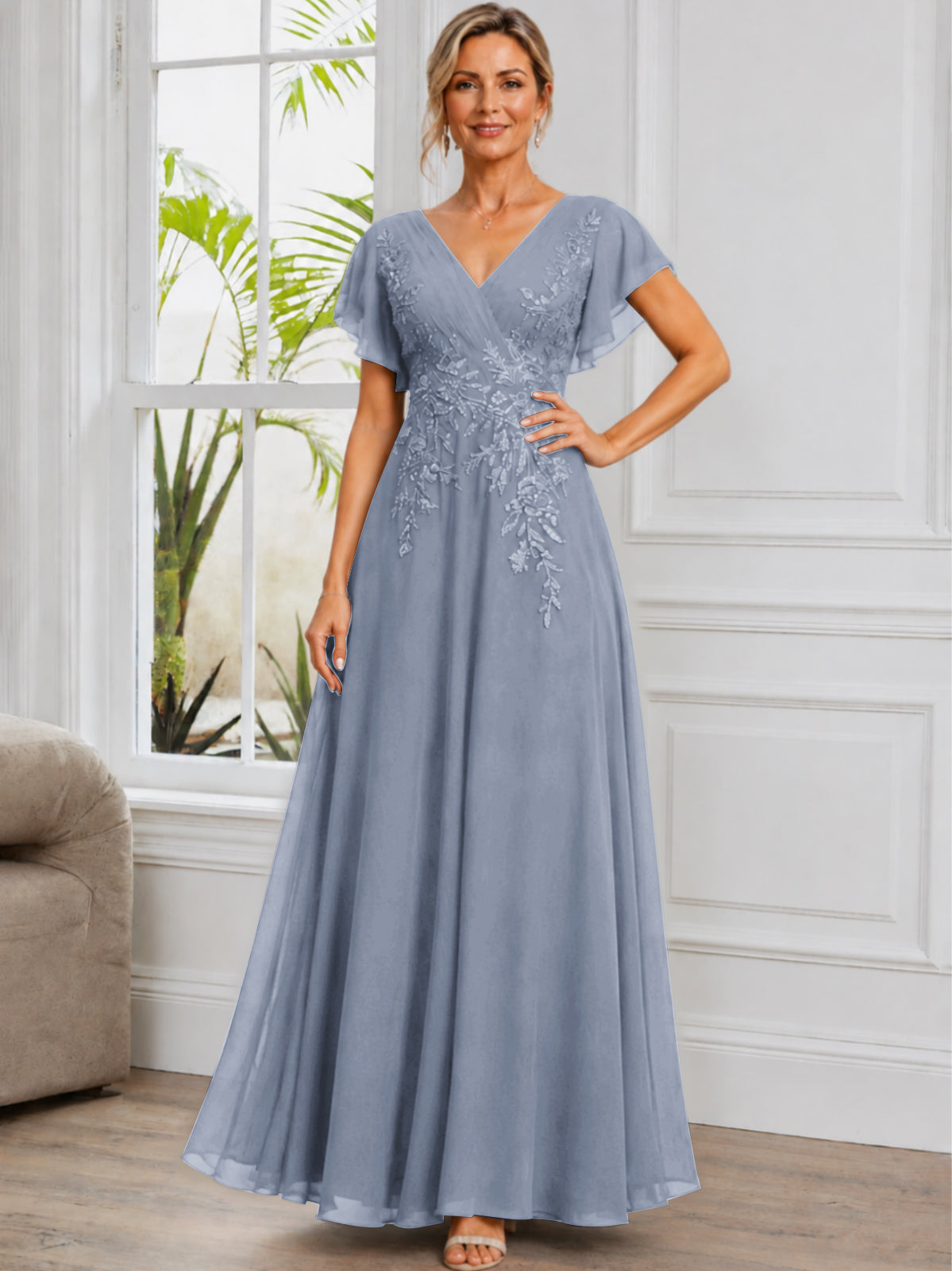 V-Neck Lace Applique Chiffon Long Mother of The Bride Dress