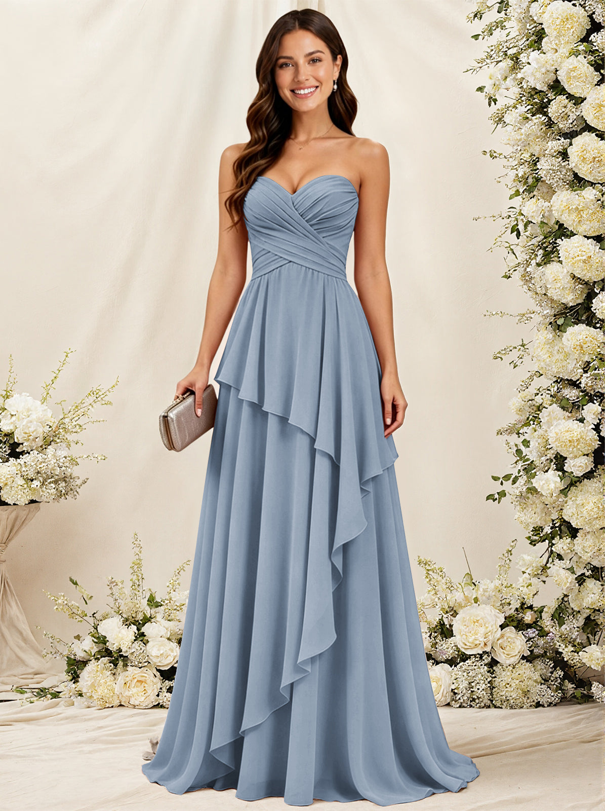 Strapless Sweetheart Neck Chiffon Bridesmaid Dress with Tiered Ruffles