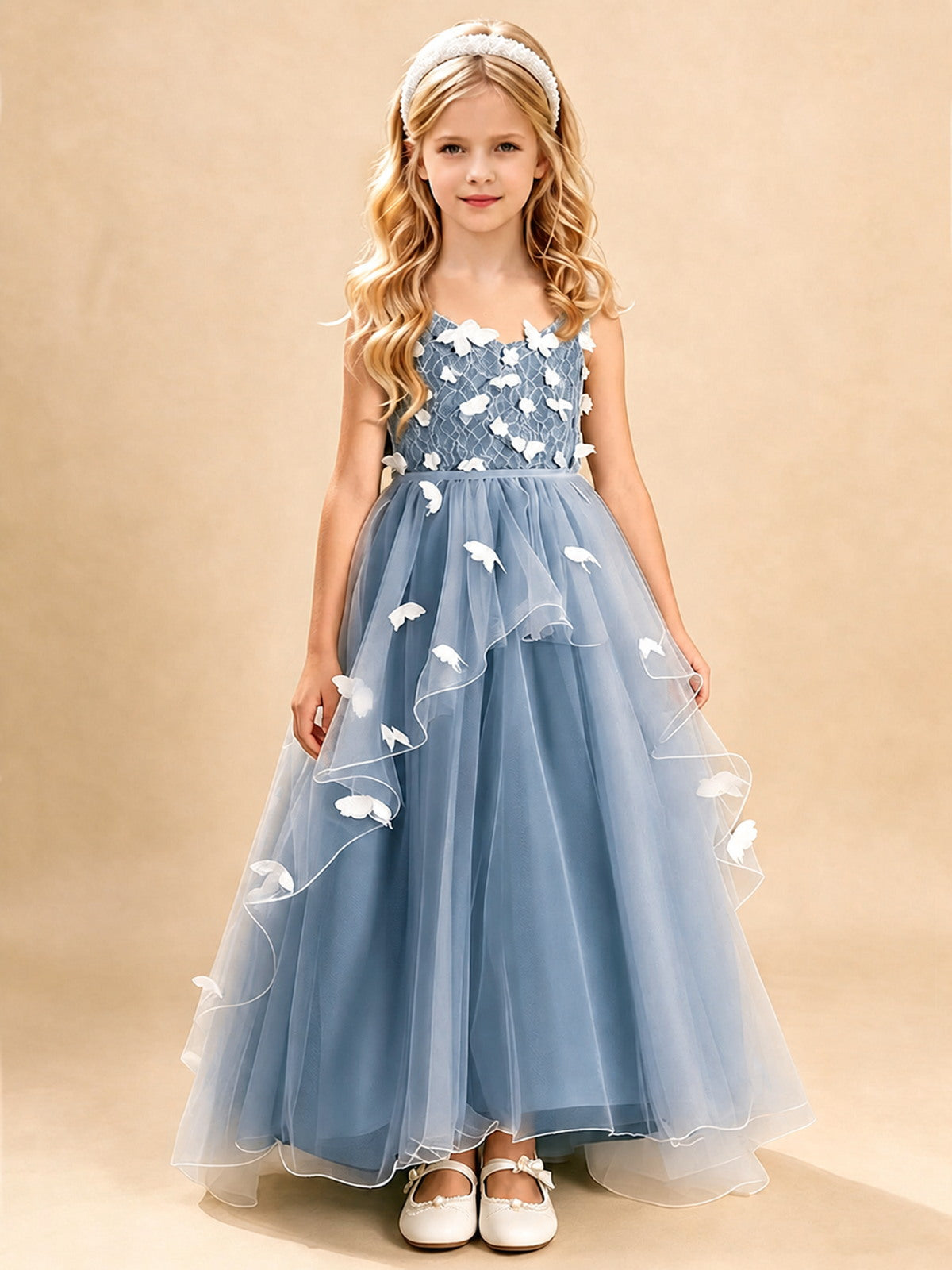 Dusty Sage 3D Floral A-Line Tulle Dress with Lace Trim