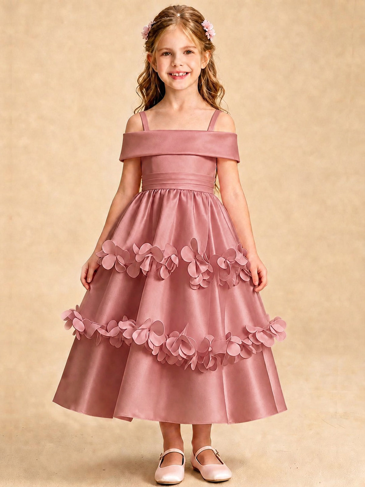 Blush Pink 3D Floral Satin Off Shoulder Flower Girl Dress