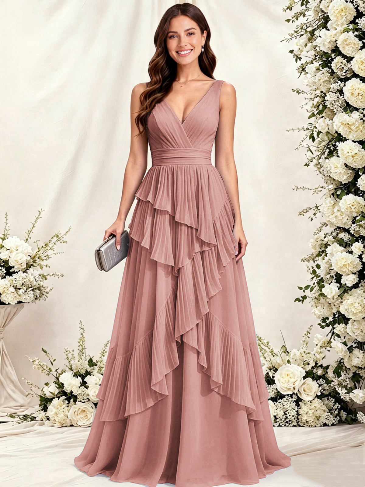 V Neck Tiered Ruffles A-Line Chiffon Bridesmaid Dress