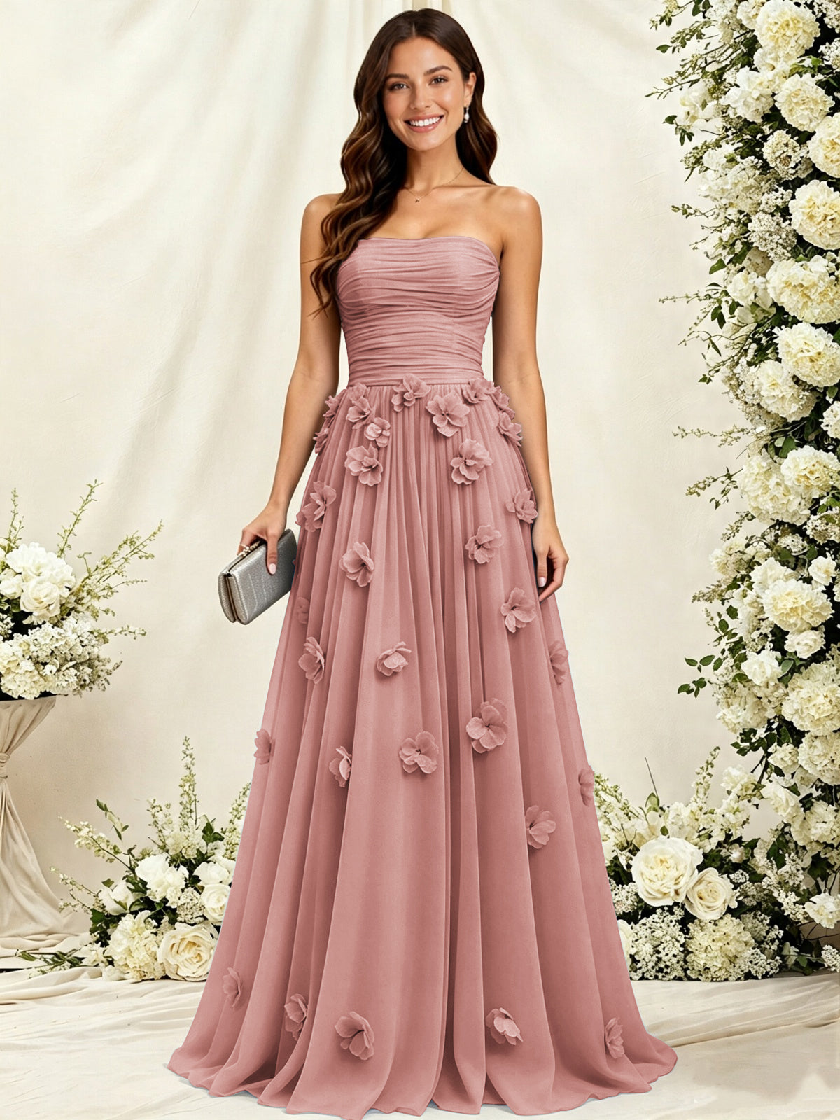 A-Line Strapless Pleated Tulle Bridesmaid Dress with 3D Floral Appliques