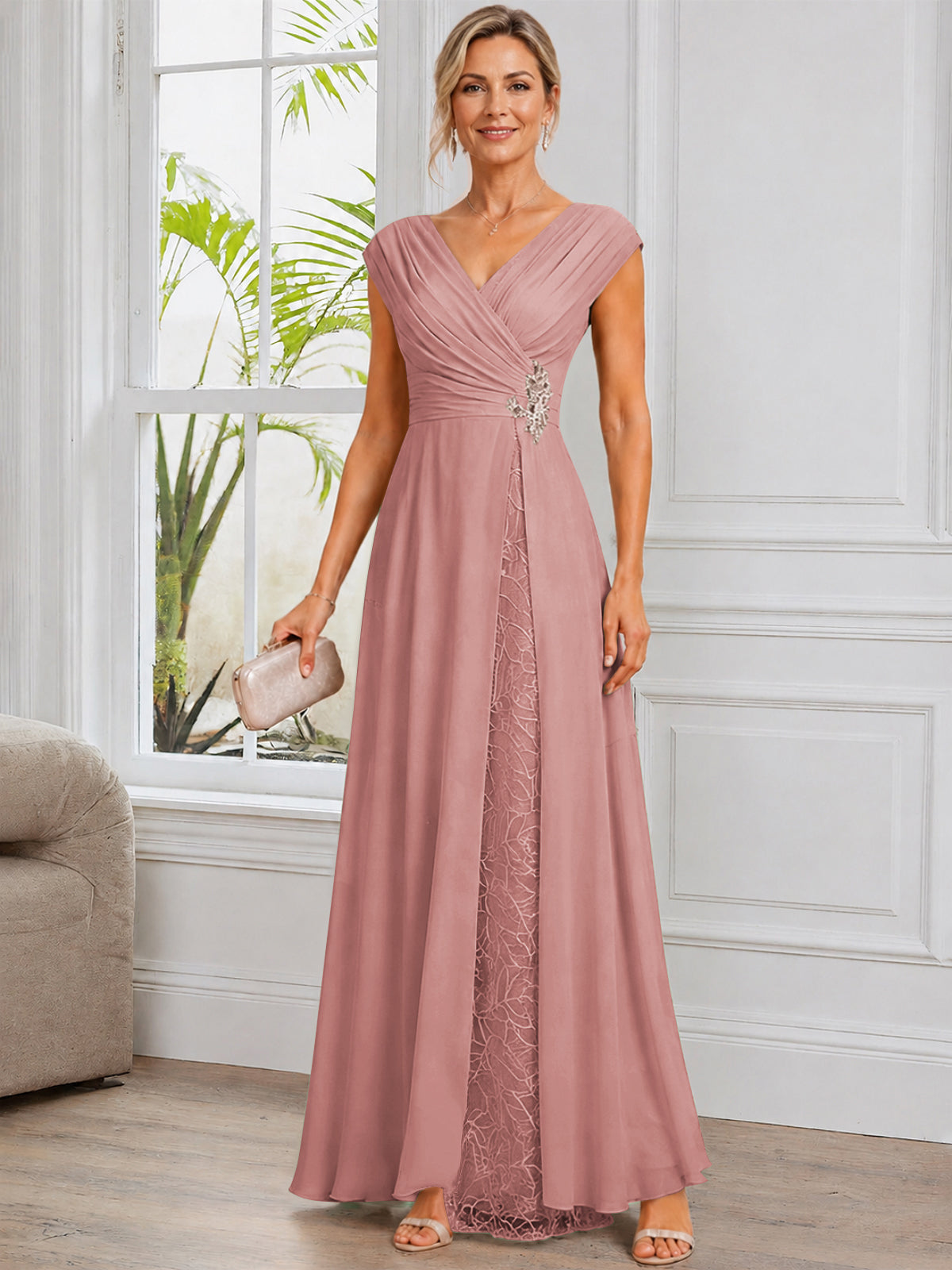 Cap Sleeve Leaf Lace Chiffon Long Mother of The Bride Dress with Beads