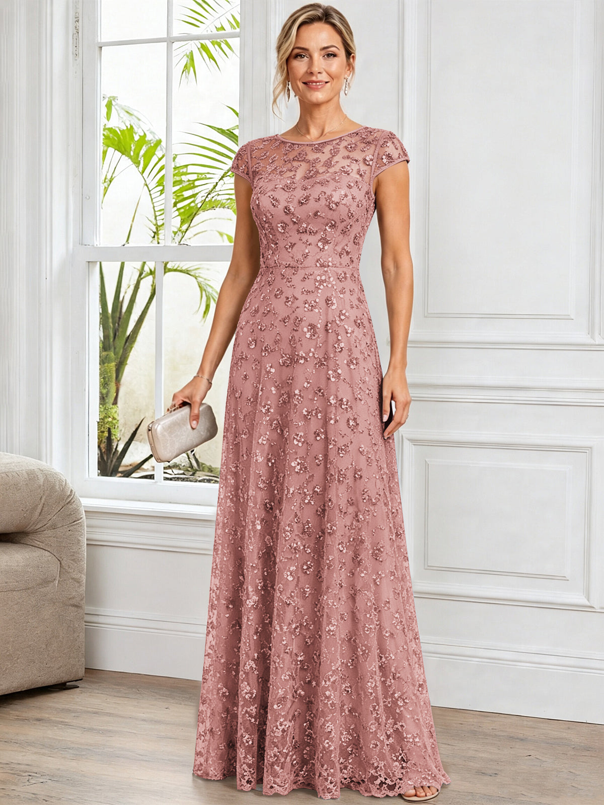 A-Line Illusion Scoop Neck Tulle Mother of The Bride Dress with Beads