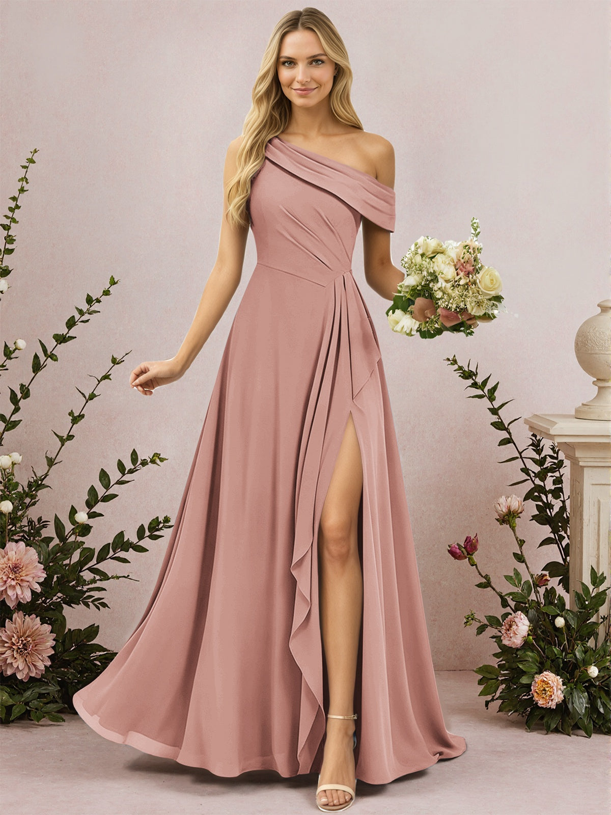 One Shoulder A-Line Chiffon Bridesmaid Dress with Slit
