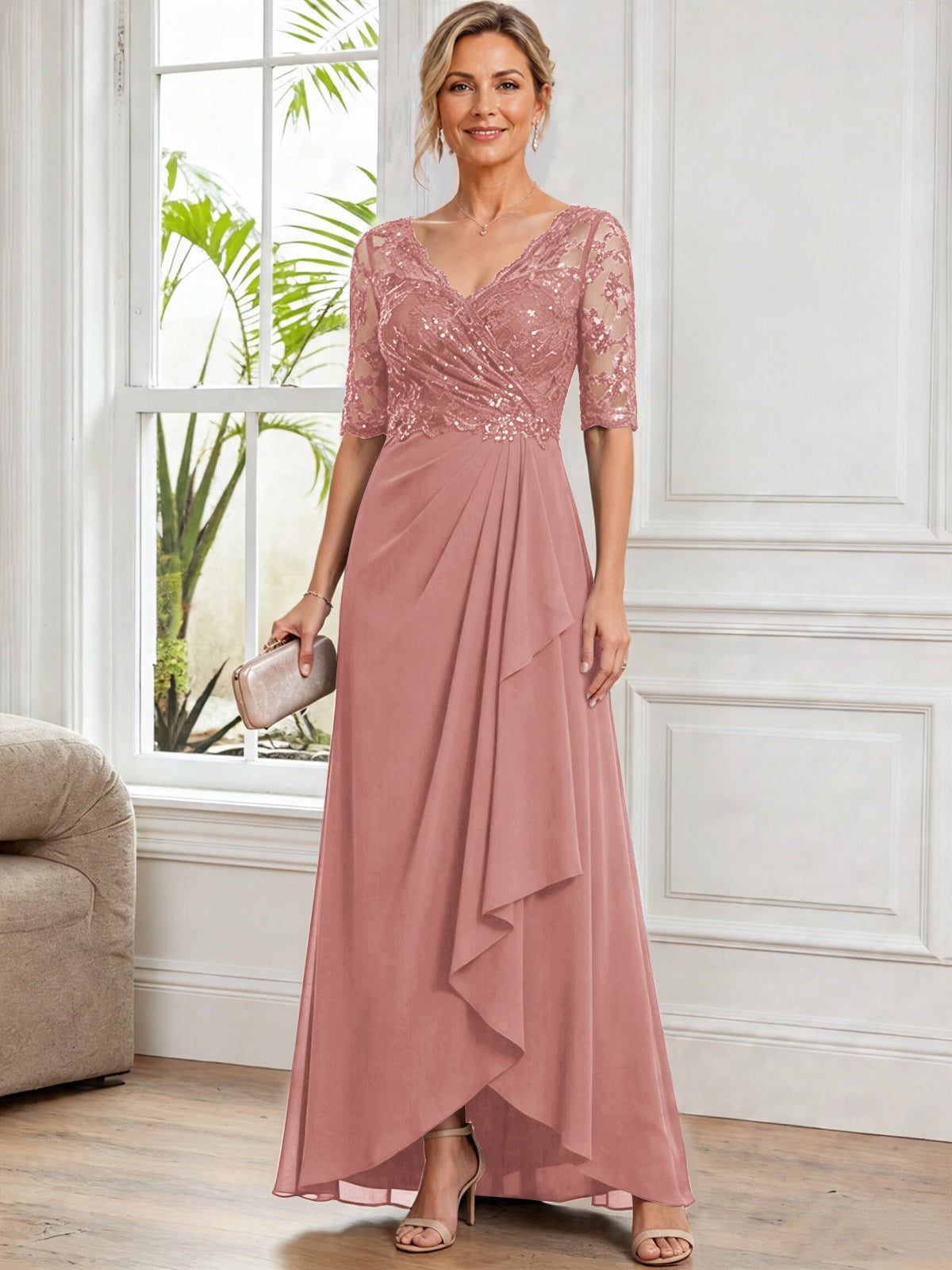 V Neck Half Sleeve Lace Applique Chiffon Mother of The Bride Dress