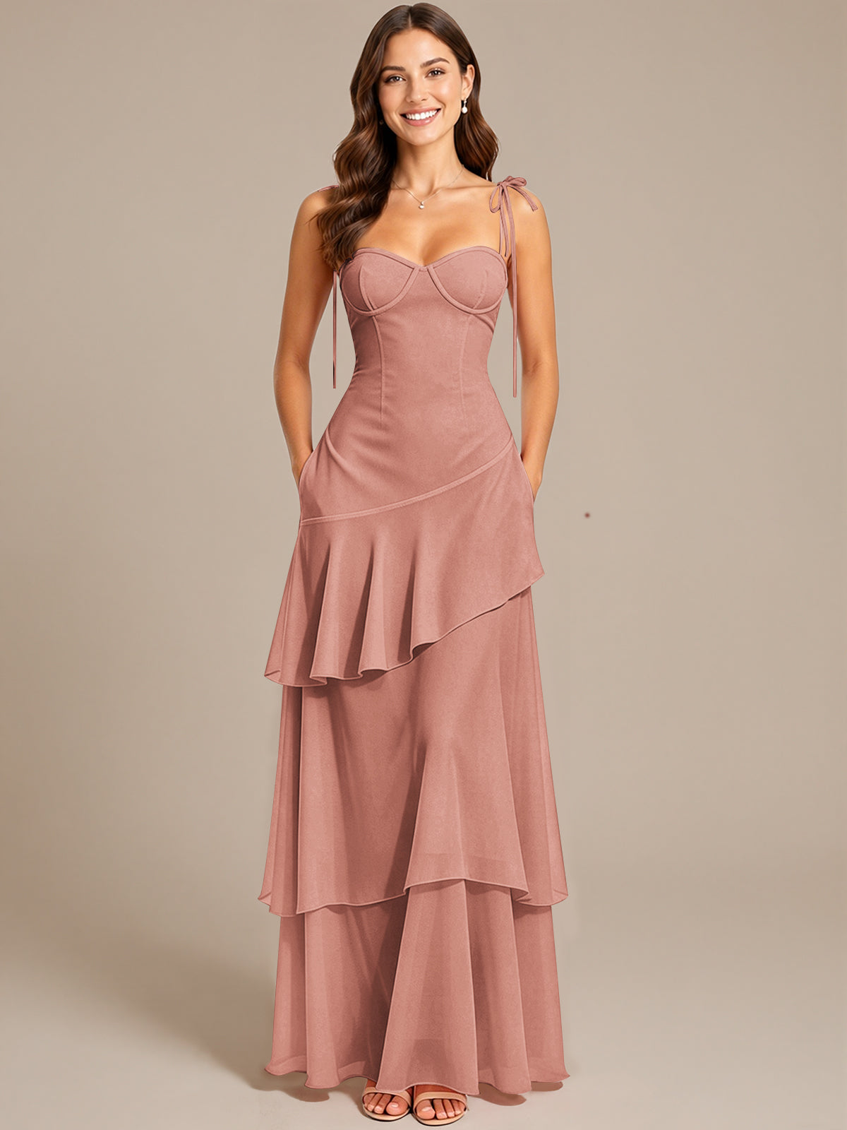 Spaghetti Strap Tiered Ruffles Chiffon Prom Dress