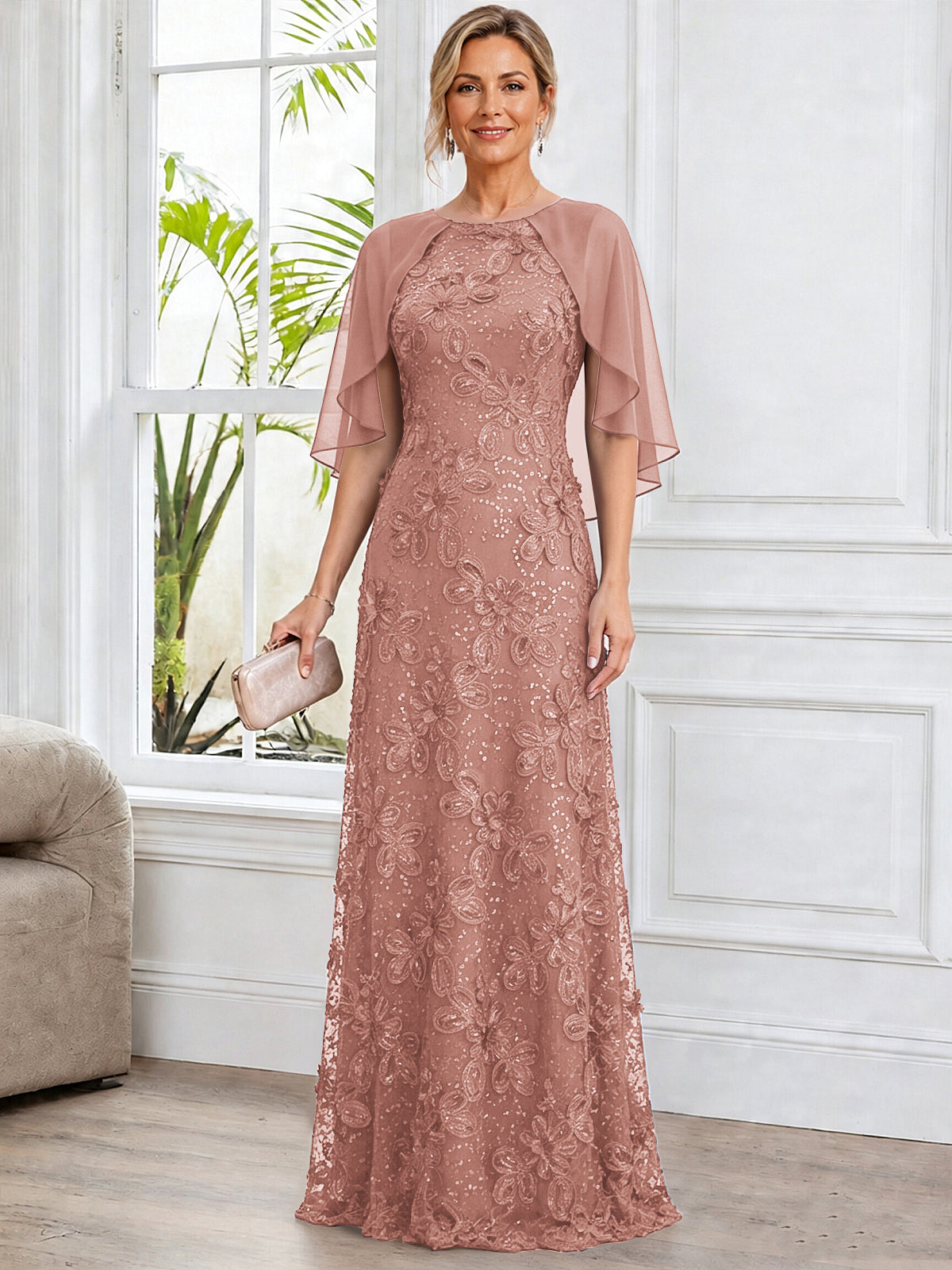 A-Line Lace Applique Scoop Neck Mother of The Bride Dress with Cape
