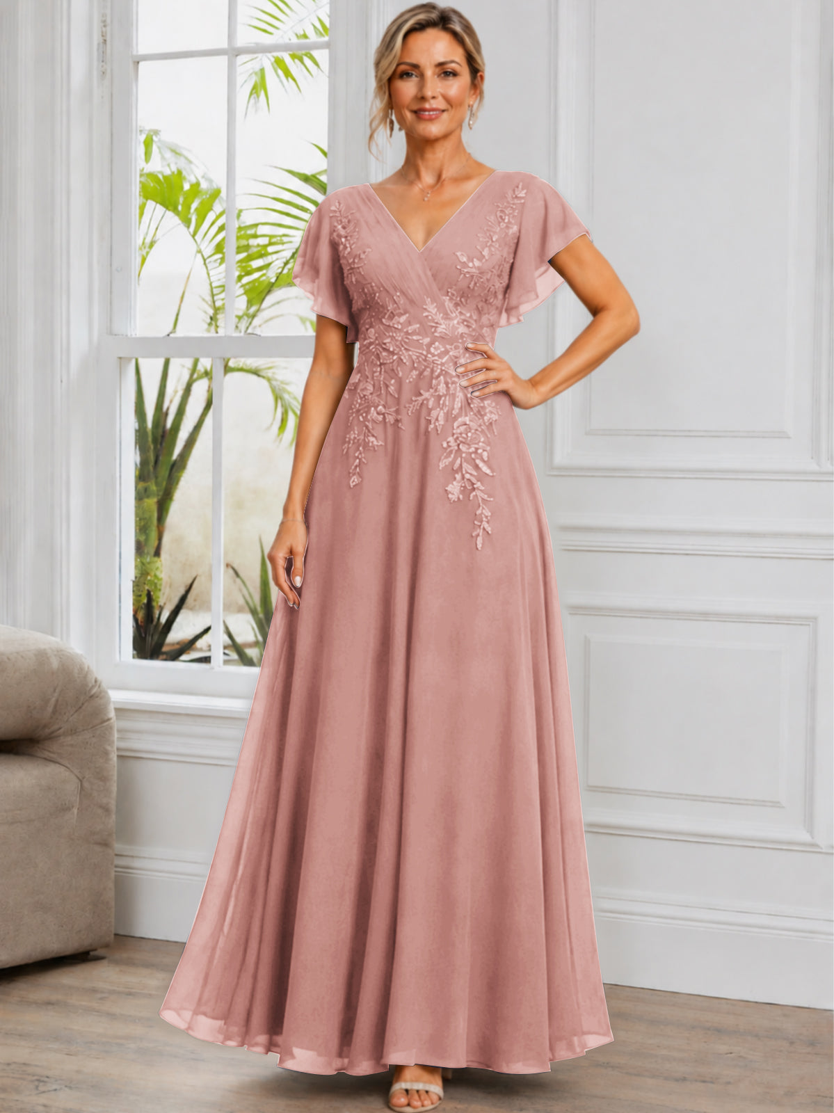V-Neck Lace Applique Chiffon Long Mother of The Bride Dress