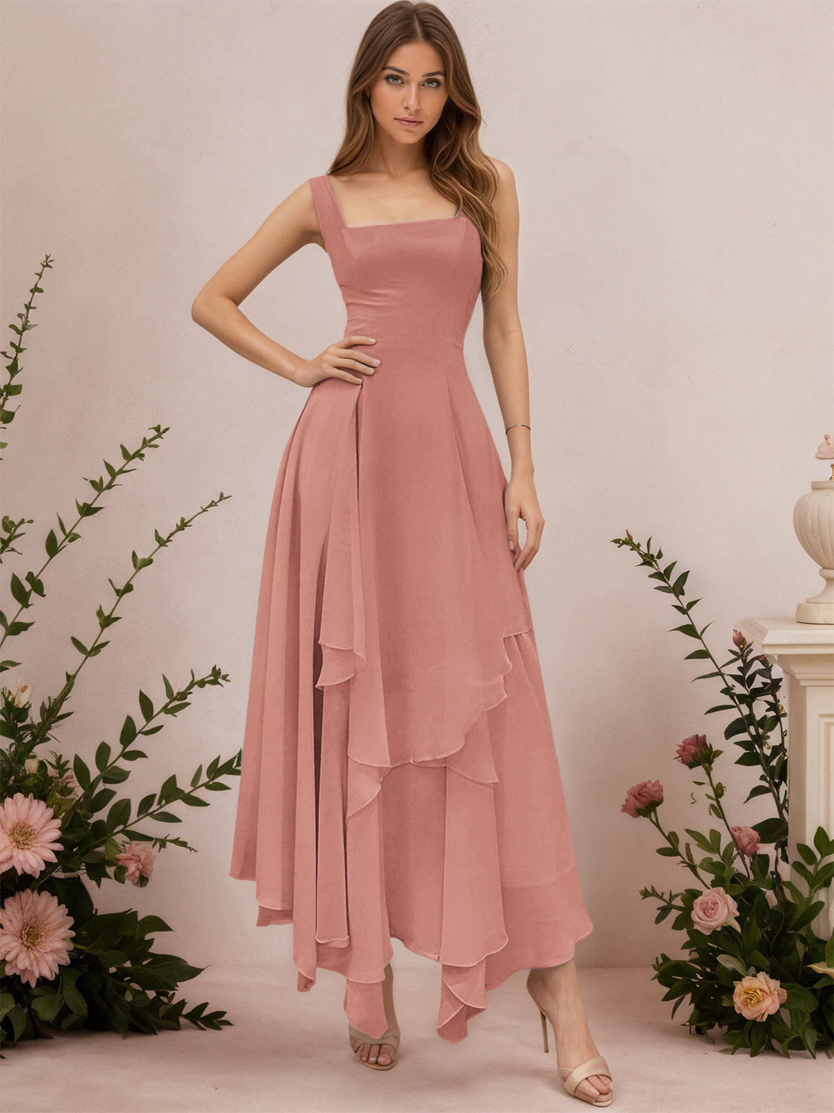 A-Line Tiered Ruffles Chiffon Bridesmaid Dress