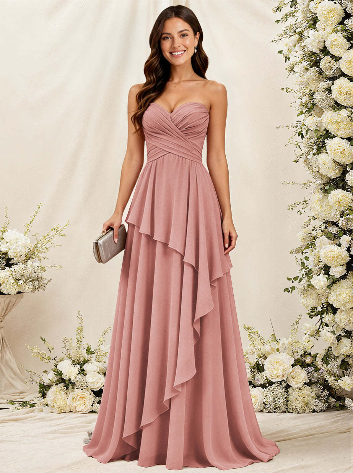 Strapless Sweetheart Neck Chiffon Bridesmaid Dress with Tiered Ruffles