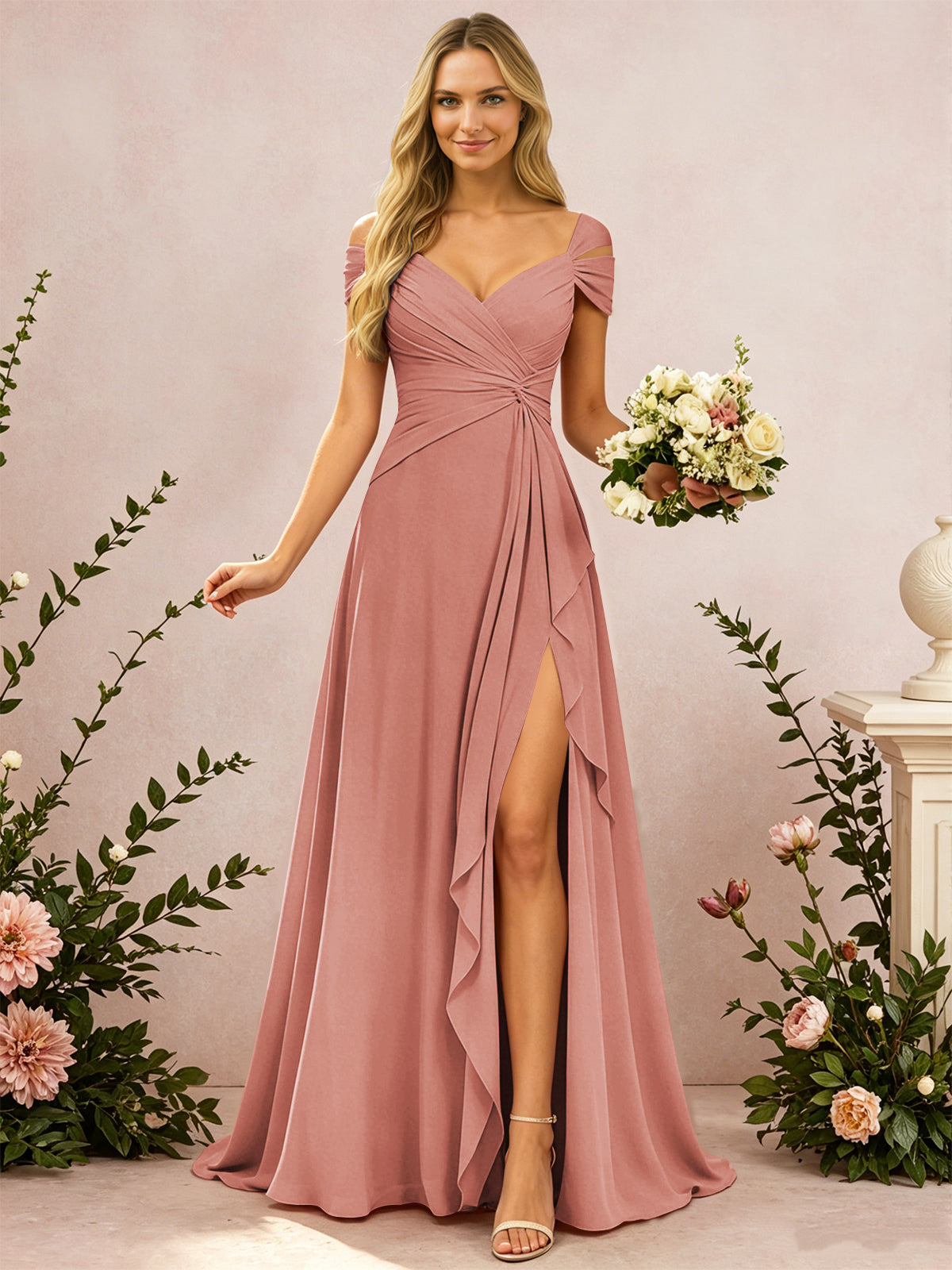 Cold Shoulder Pleated Chiffon Bridesmaid Dress with Side Slit