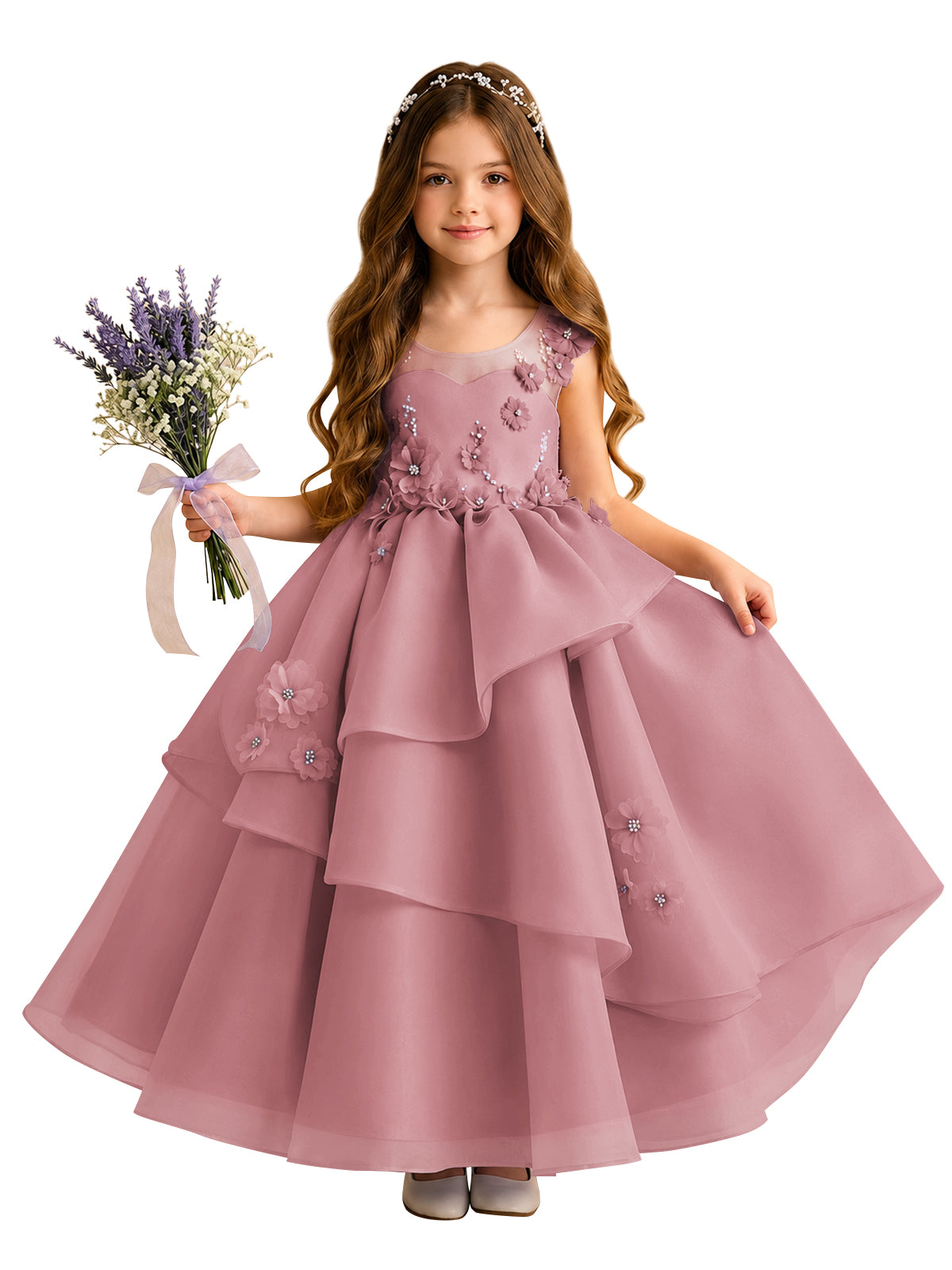 Lilac Oganza Flower Girl Dress with Sweetheart Neckline