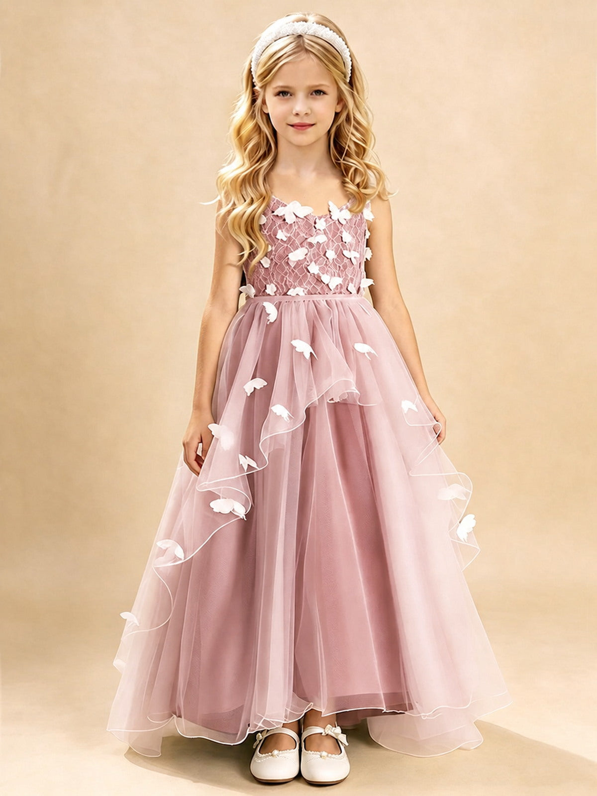 Dusty Sage 3D Floral A-Line Tulle Dress with Lace Trim
