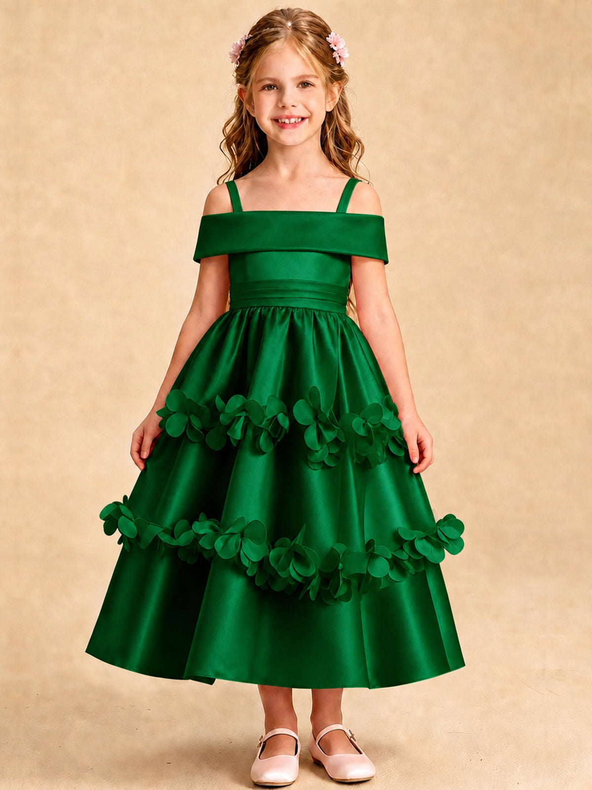 Blush Pink 3D Floral Satin Off Shoulder Flower Girl Dress