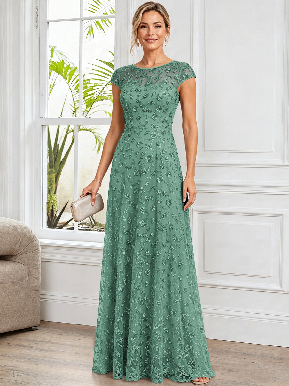 A-Line Illusion Scoop Neck Tulle Mother of The Bride Dress with Beads