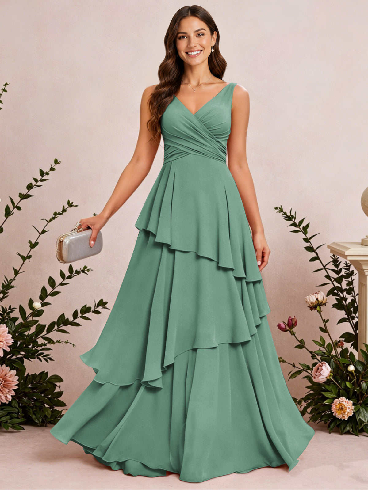V Neck Tiered Ruffles Chiffon Long Bridesmaid Dress