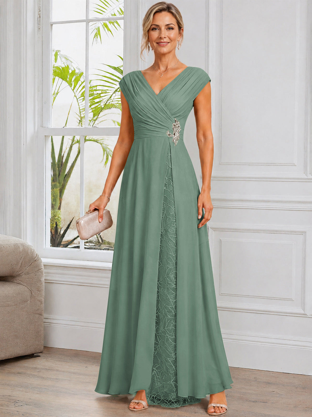 Cap Sleeve Leaf Lace Chiffon Long Mother of The Bride Dress with Beads