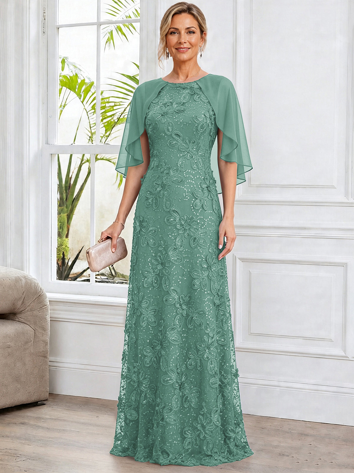 A-Line Lace Applique Scoop Neck Mother of The Bride Dress with Cape