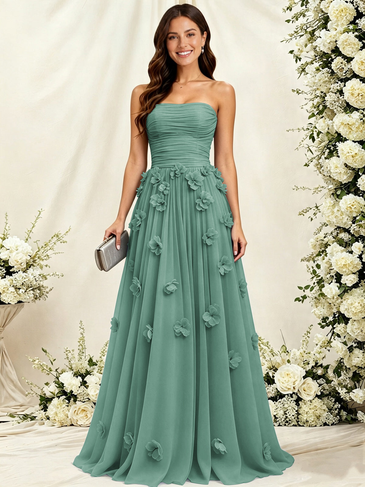 A-Line Strapless Pleated Tulle Bridesmaid Dress with 3D Floral Appliques