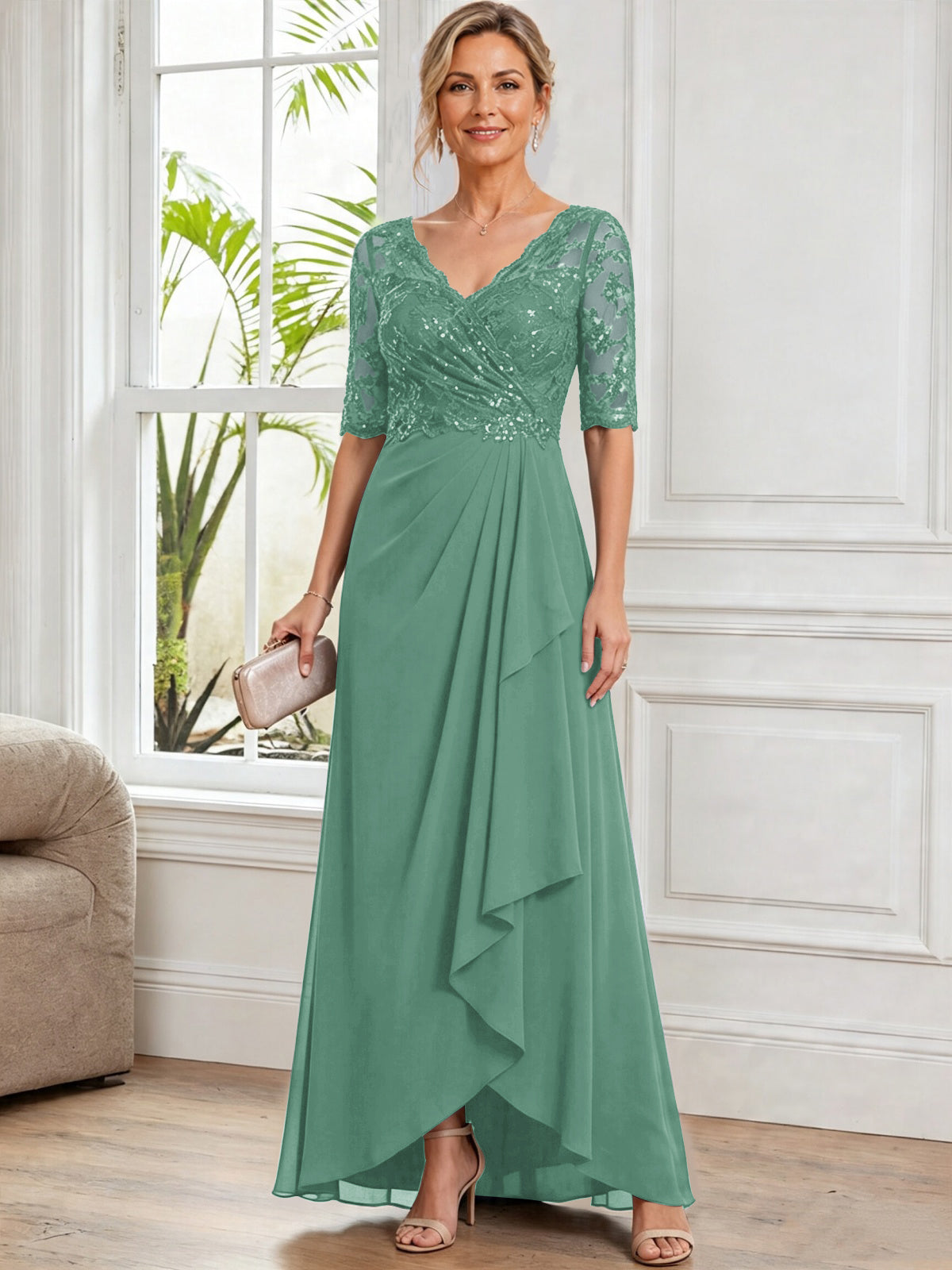 V Neck Half Sleeve Lace Applique Chiffon Mother of The Bride Dress