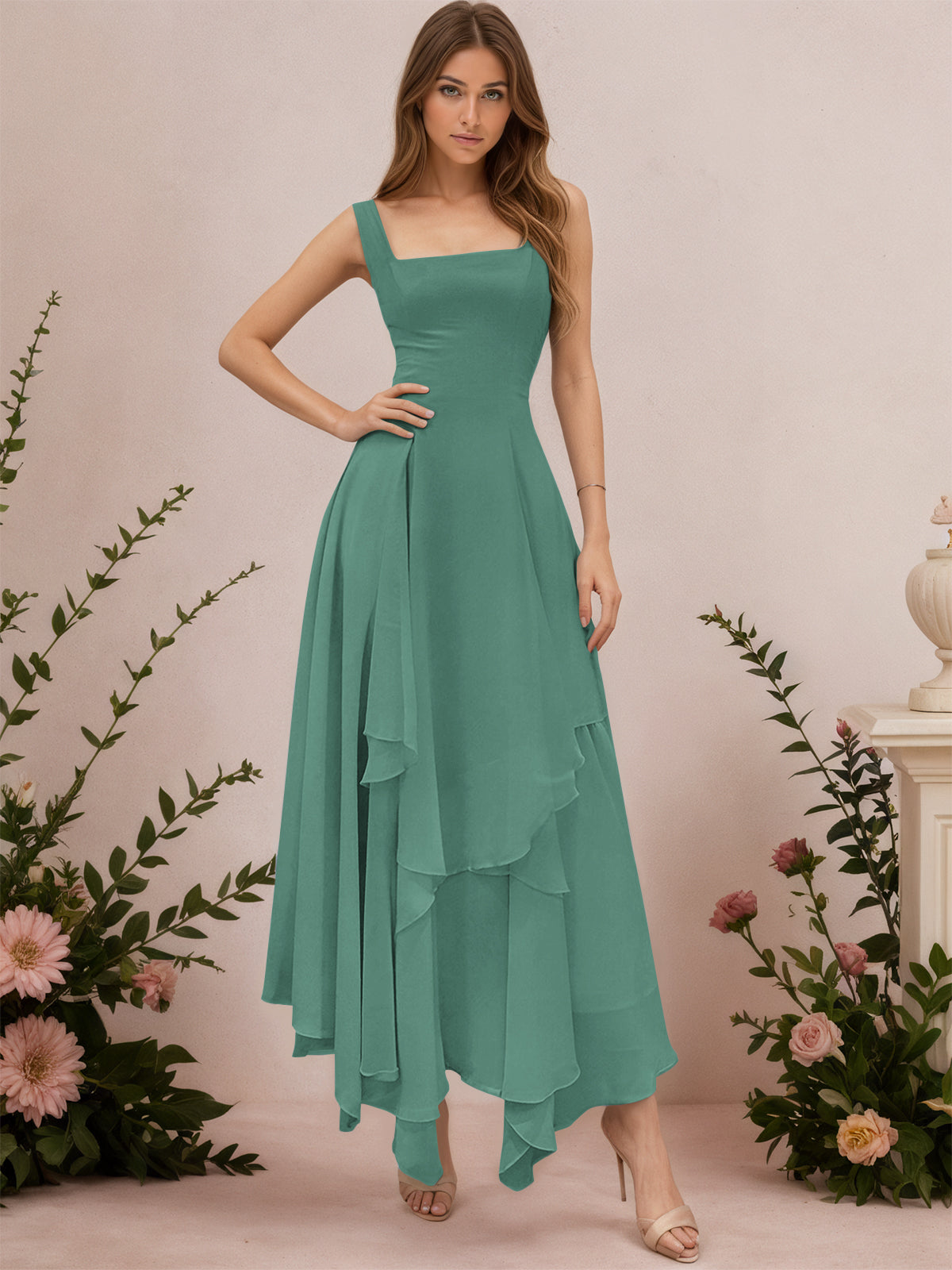 A-Line Tiered Ruffles Chiffon Bridesmaid Dress