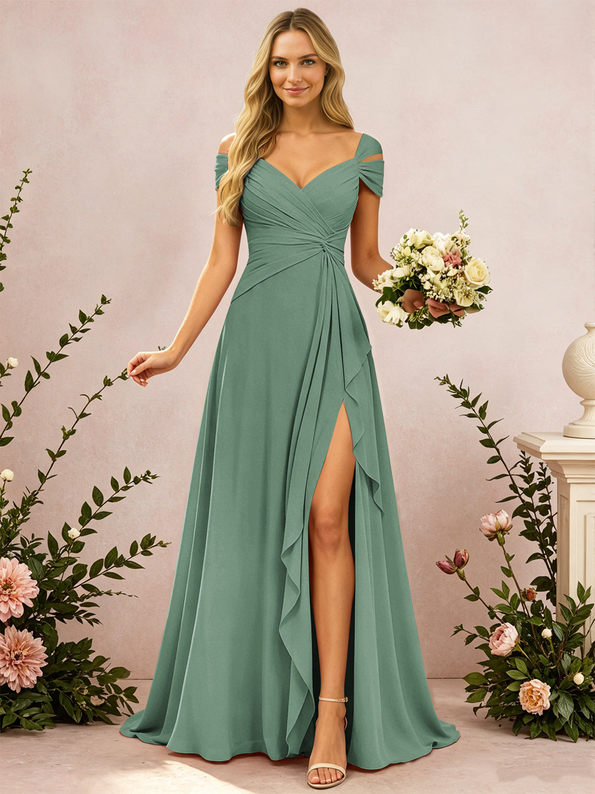 Cold Shoulder Pleated Chiffon Bridesmaid Dress with Side Slit