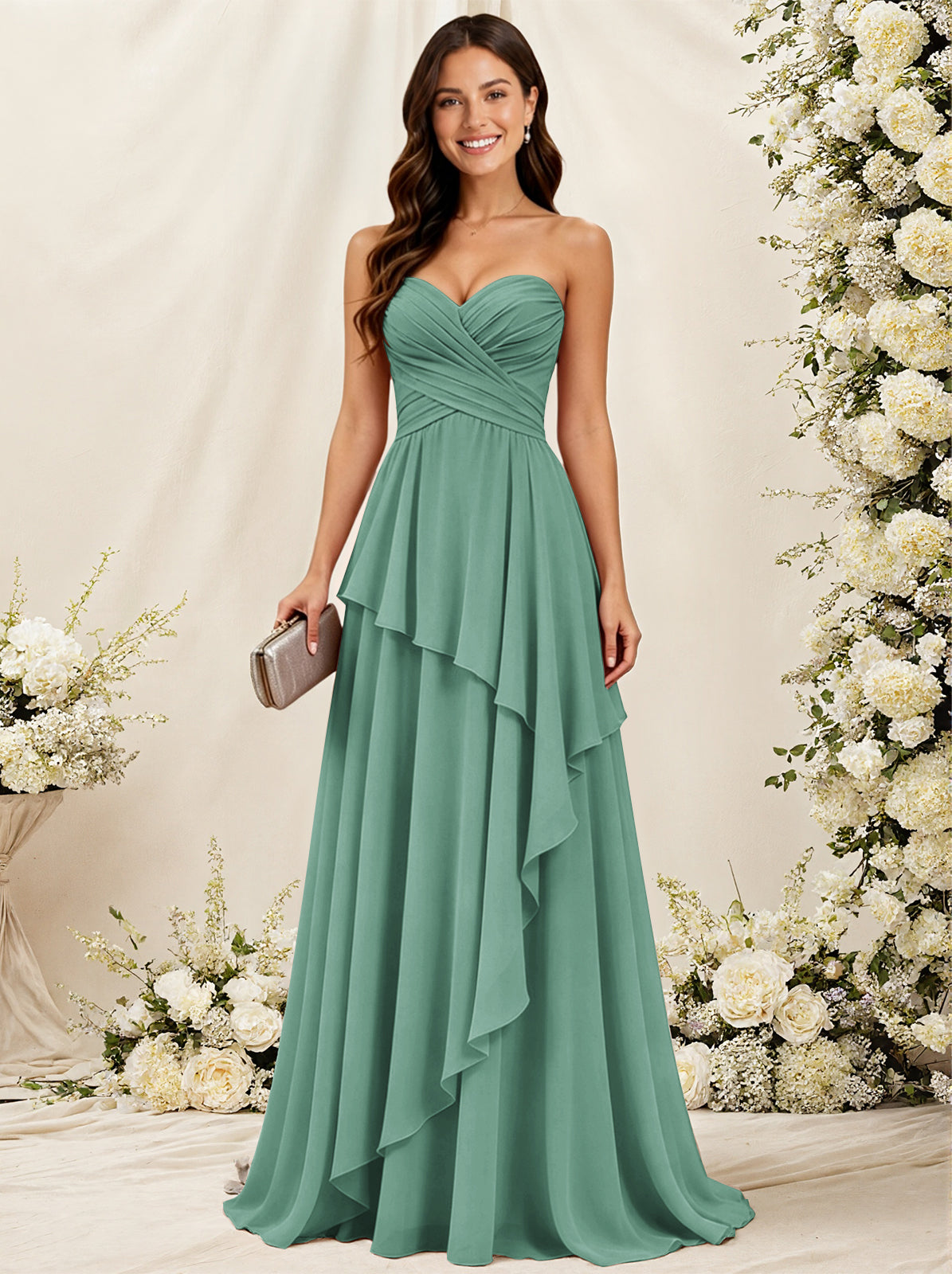 Strapless Sweetheart Neck Chiffon Bridesmaid Dress with Tiered Ruffles