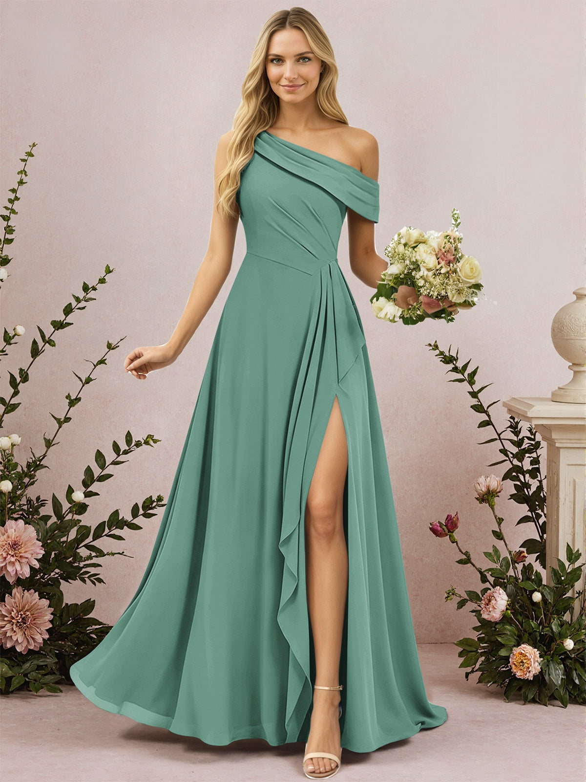 One Shoulder A-Line Chiffon Bridesmaid Dress with Slit