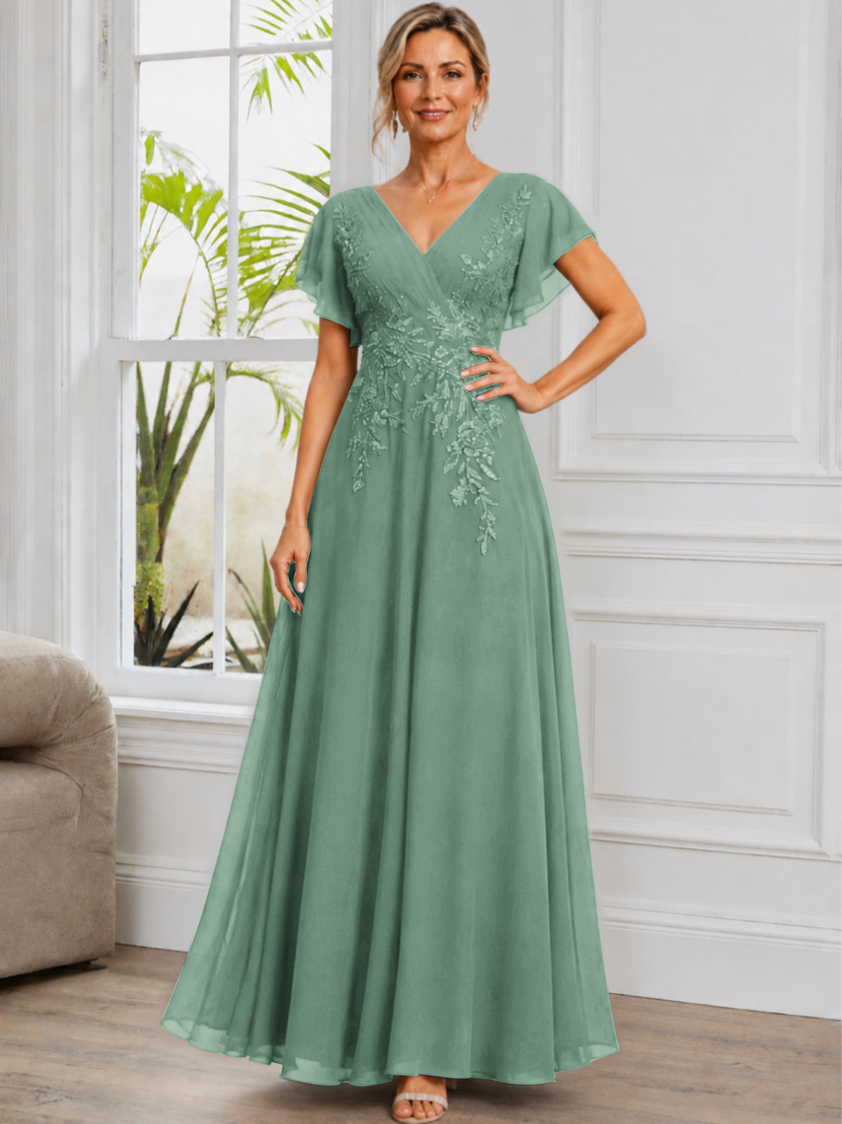 V-Neck Lace Applique Chiffon Long Mother of The Bride Dress