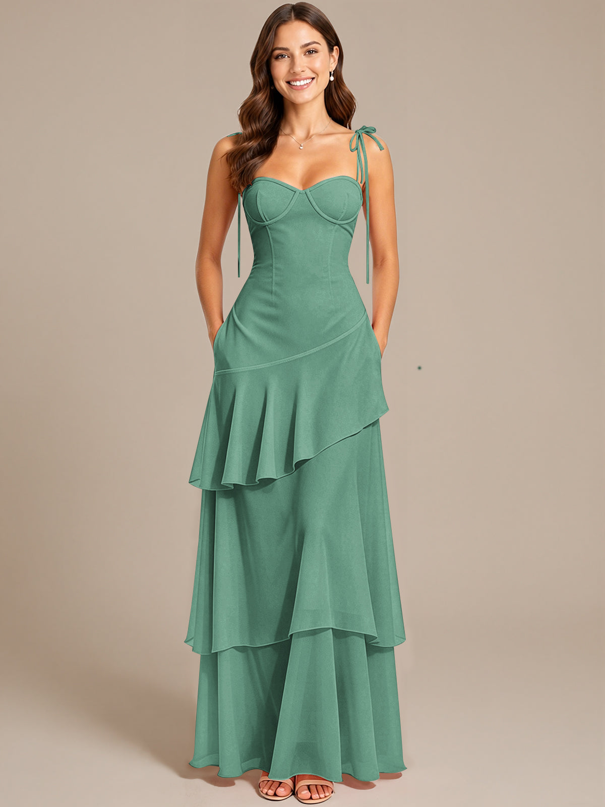 Spaghetti Strap Tiered Ruffles Chiffon Prom Dress