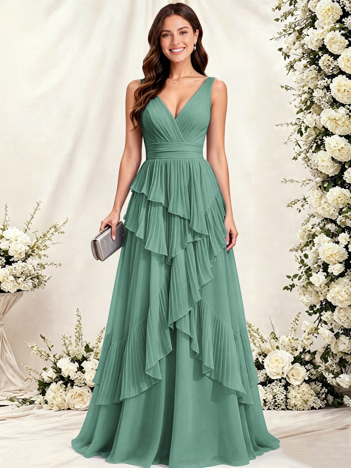 V Neck Tiered Ruffles A-Line Chiffon Bridesmaid Dress