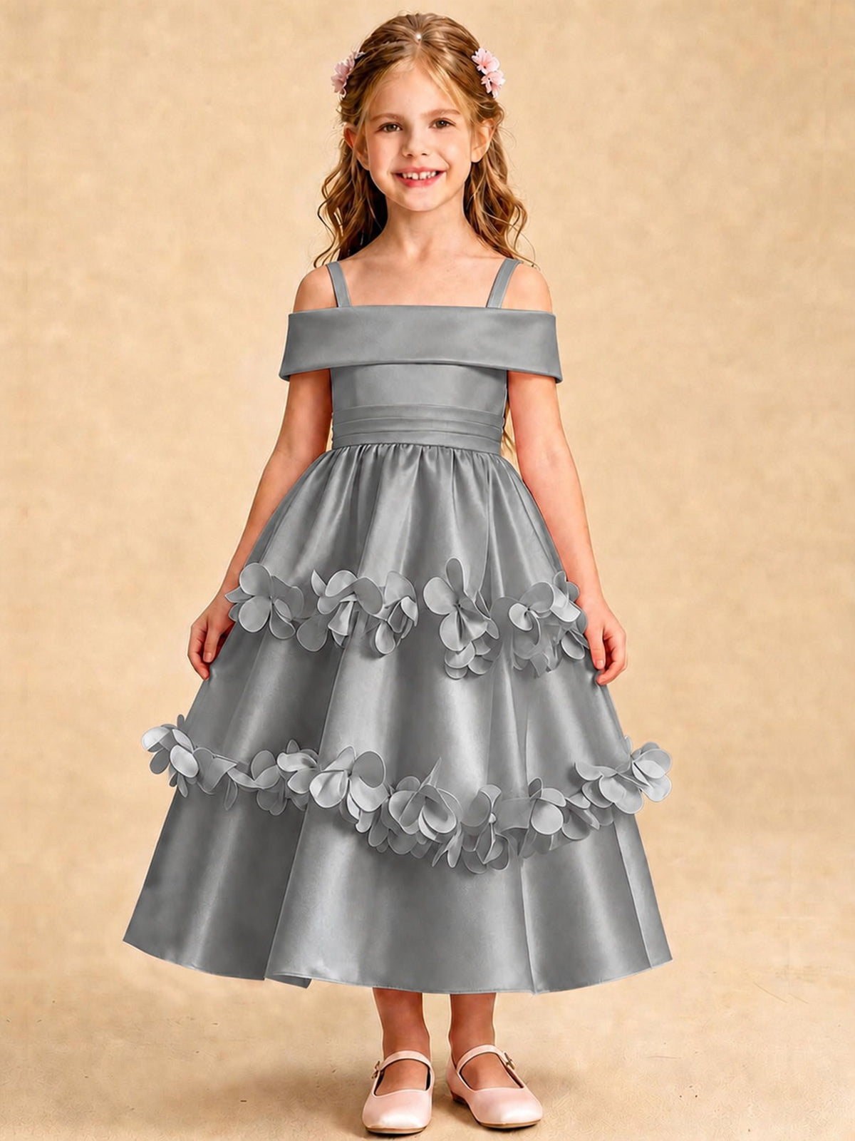 Blush Pink 3D Floral Satin Off Shoulder Flower Girl Dress
