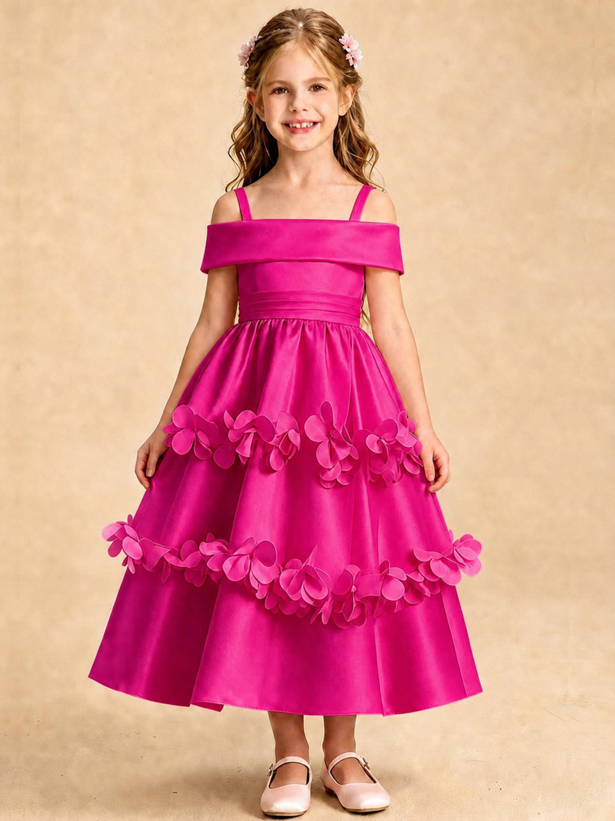 Blush Pink 3D Floral Satin Off Shoulder Flower Girl Dress