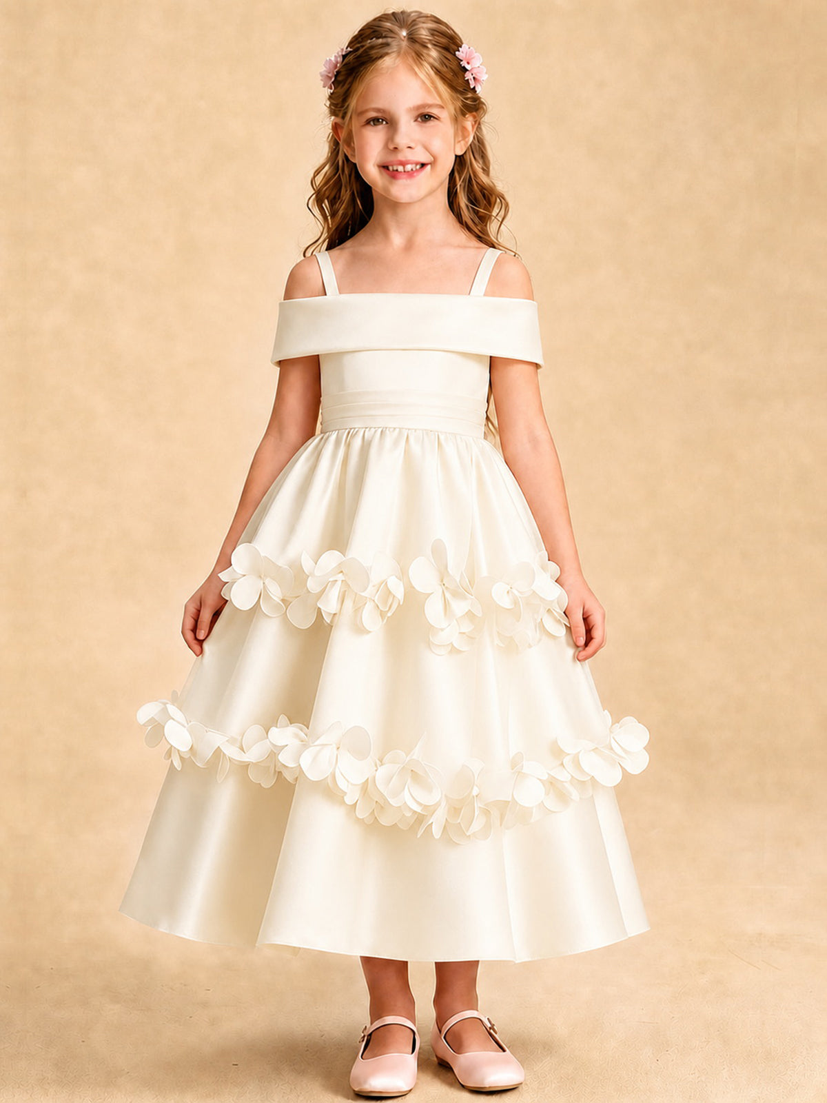 Blush Pink 3D Floral Satin Off Shoulder Flower Girl Dress