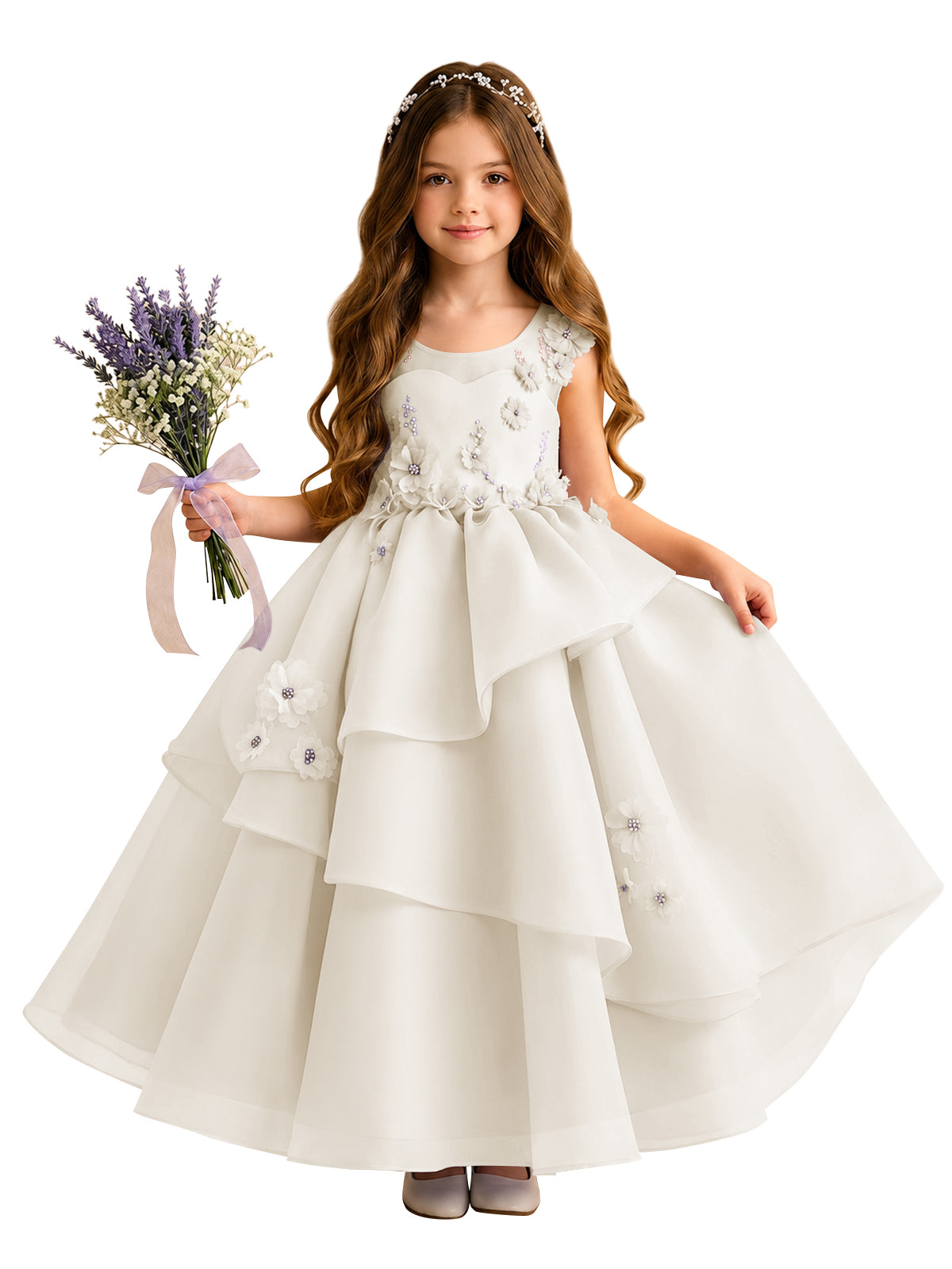 Lilac Oganza Flower Girl Dress with Sweetheart Neckline