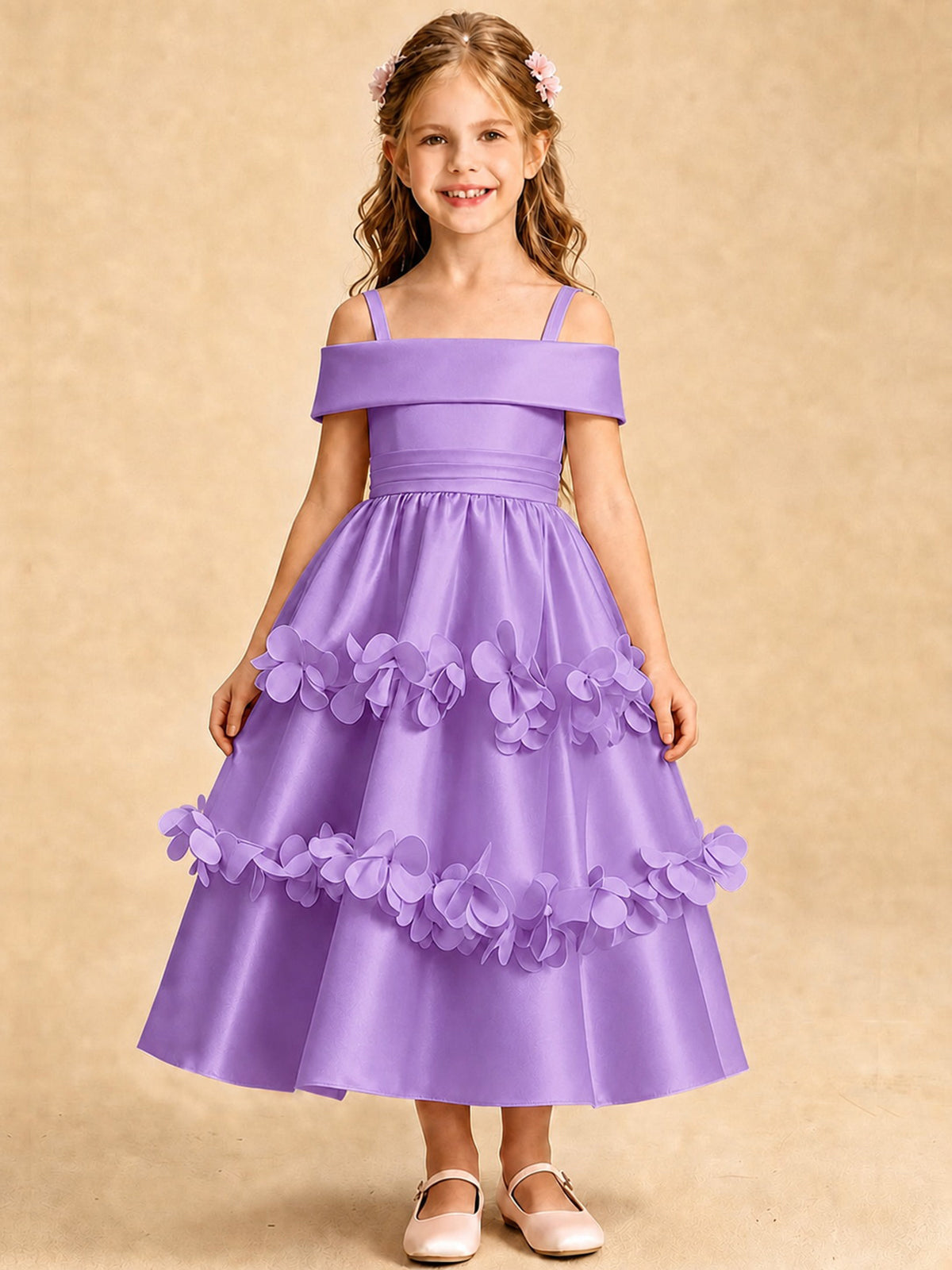 Blush Pink 3D Floral Satin Off Shoulder Flower Girl Dress